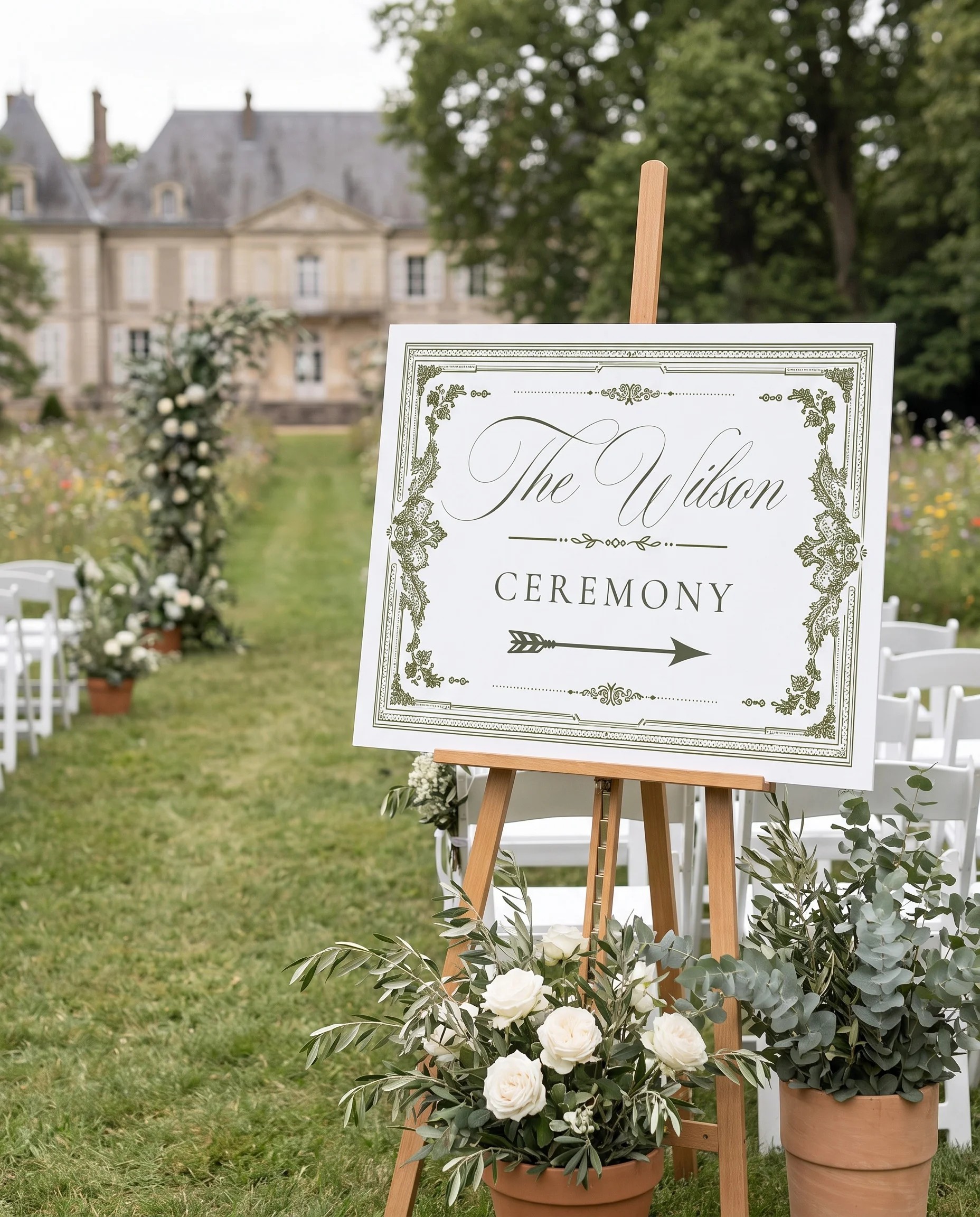 Verdant Filigree wedding ceremony sign — displayed at a wedding ceremony setting under soft natural light, unplugged ceremony sign.
