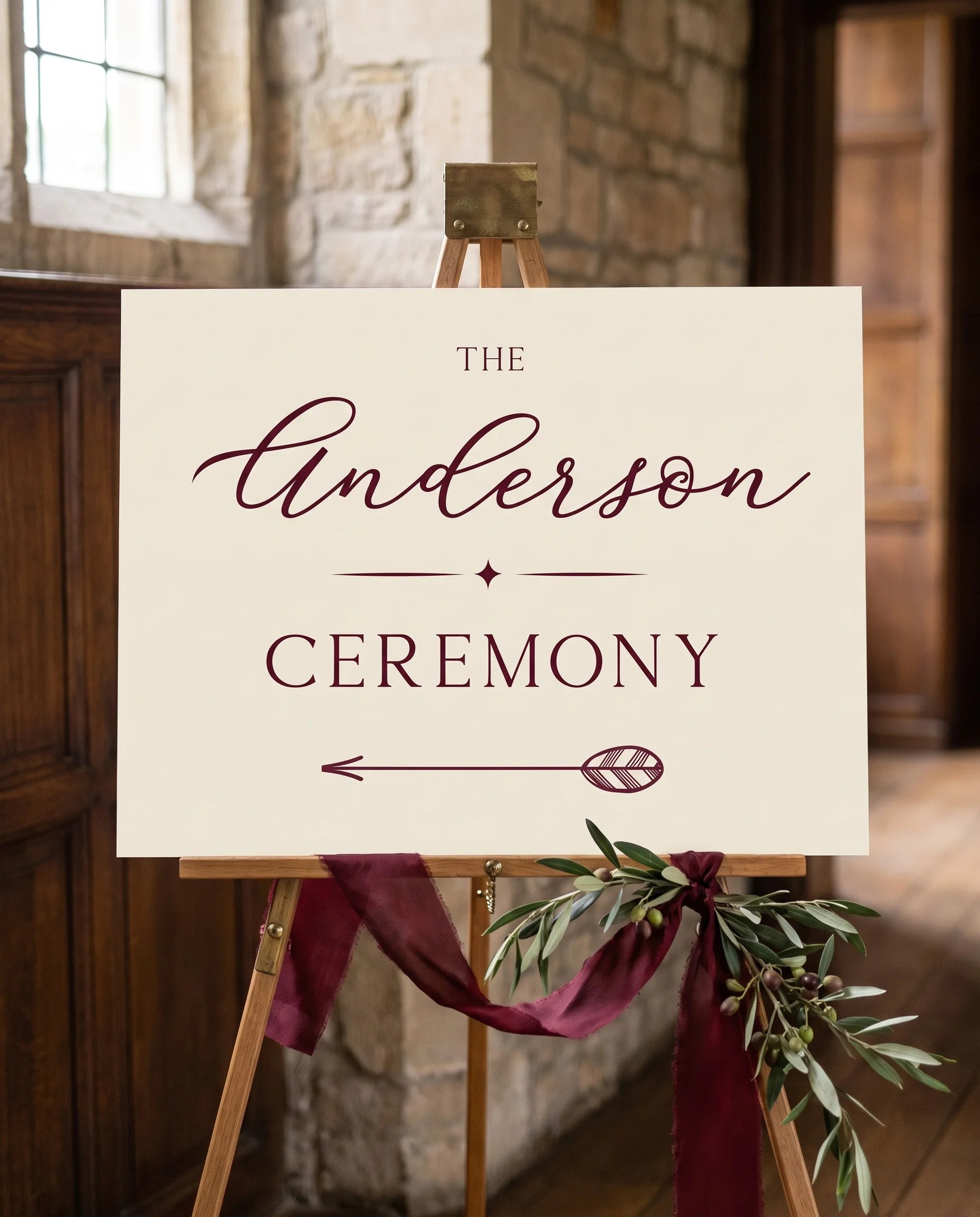 Claret Vine wedding ceremony sign — displayed on an easel under soft natural light at a slight overhead angle, wedding ceremony signs.