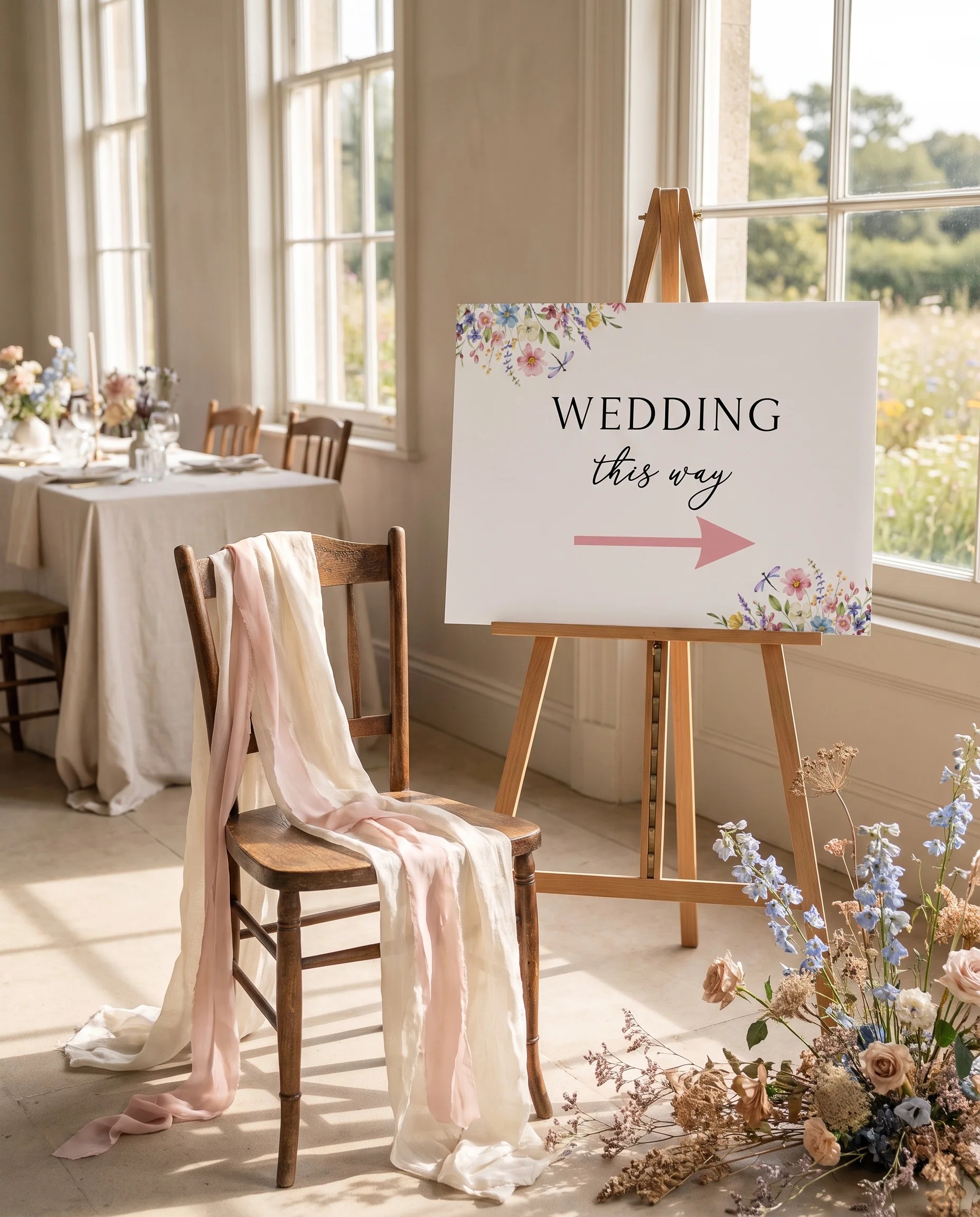 Meadowlark wedding ceremony sign — shown beside furniture for scale under soft natural light with a slight overhead angle, wedding signage