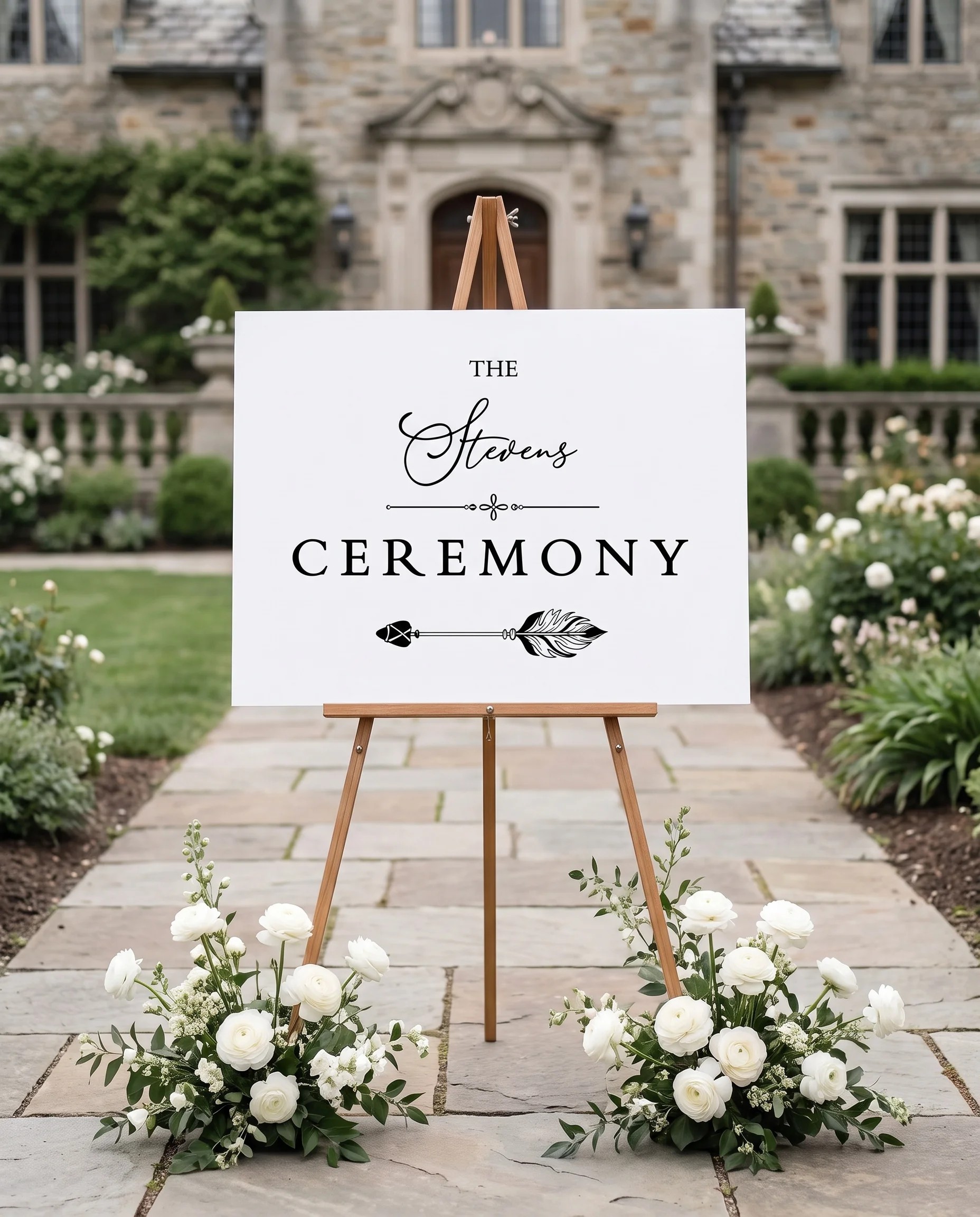 Monochrome Veil wedding ceremony sign — shown at a wedding ceremony setting under soft natural light, unplugged ceremony sign.