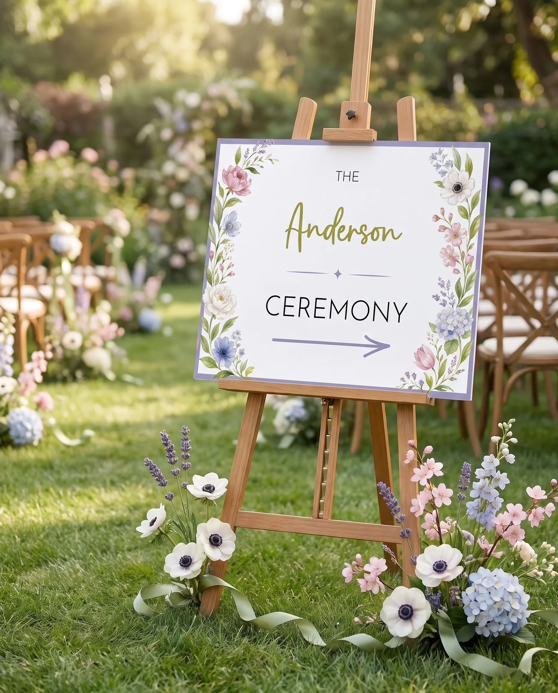 Anemone Toast wedding ceremony sign — displayed at a wedding ceremony setting under soft natural overhead light, unplugged ceremony sign.