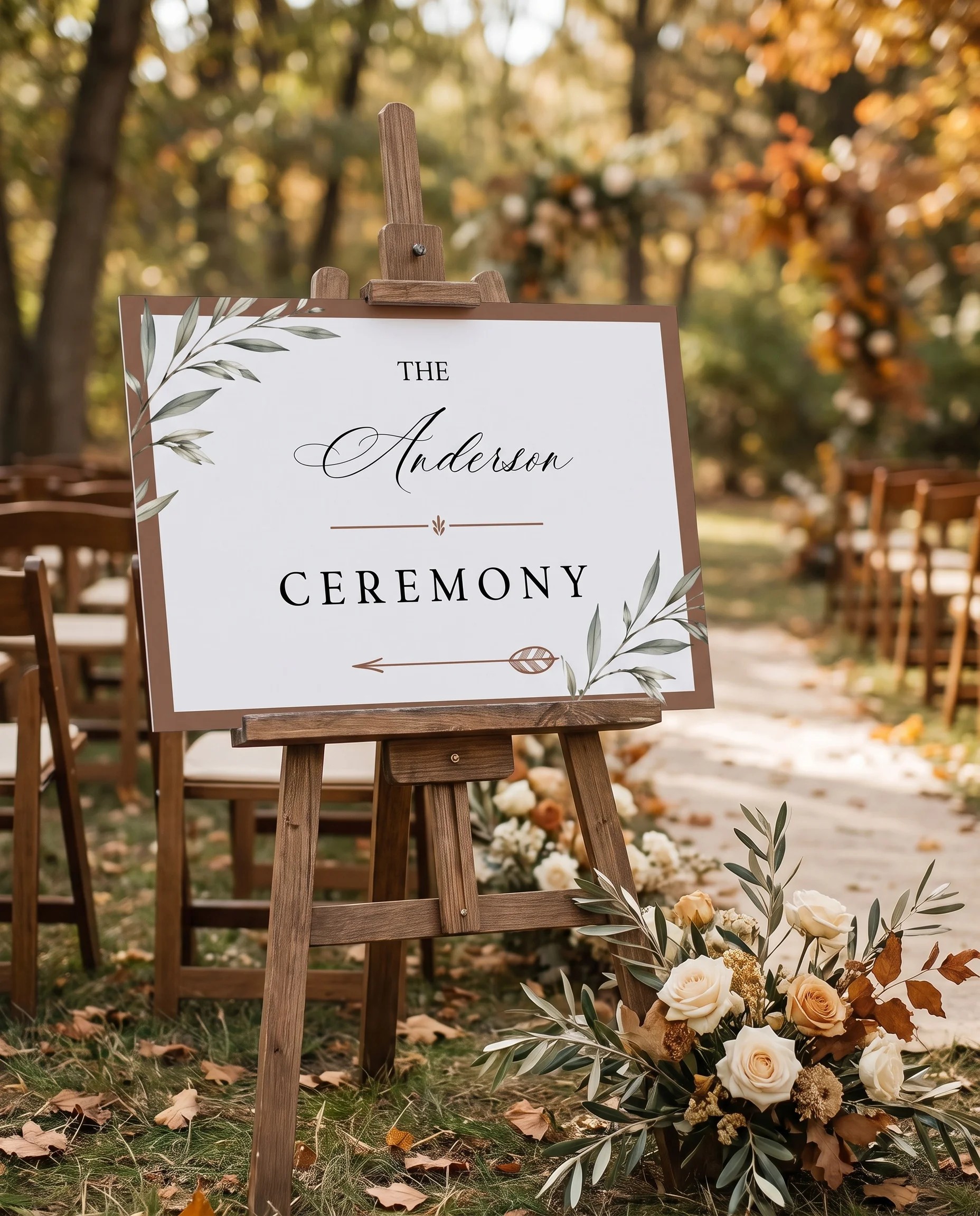 Olive Arc wedding ceremony sign — displayed at a wedding ceremony setting under soft natural overhead light, unplugged ceremony sign