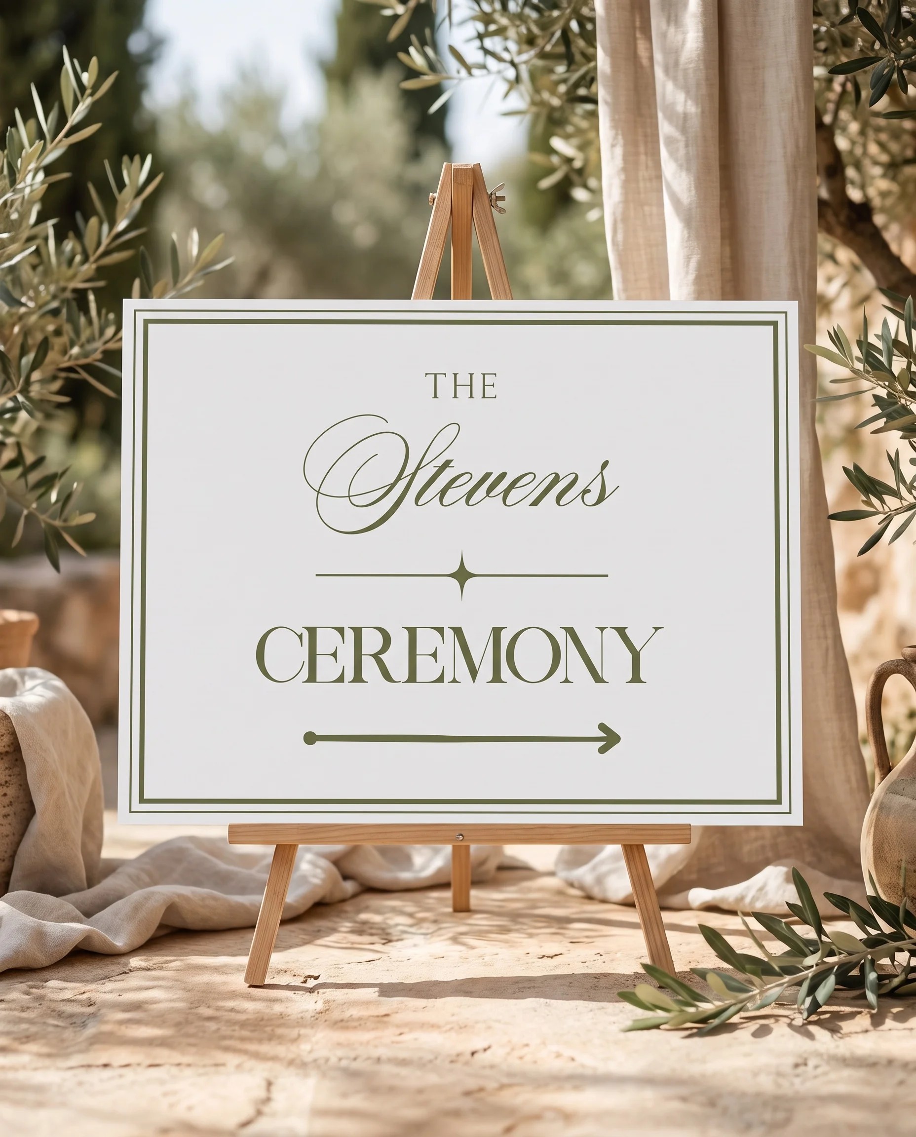 Olive Script wedding ceremony sign — displayed on an easel under soft overhead natural light, wedding ceremony signs.
