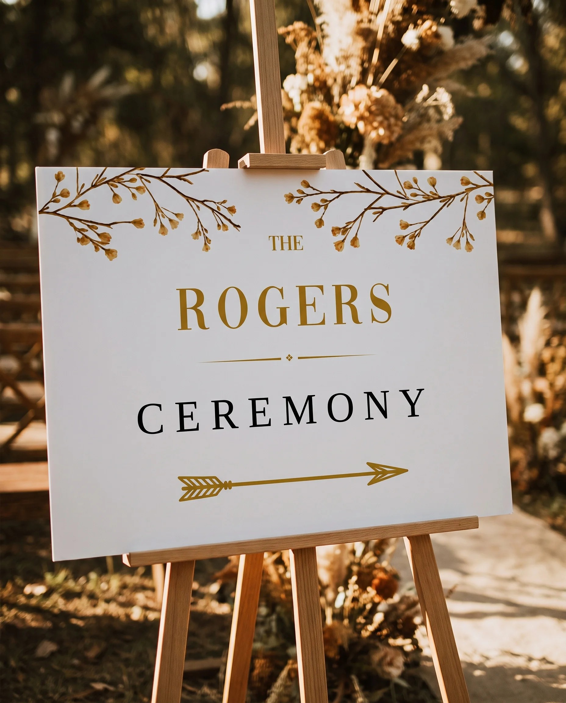 Golden Vine wedding ceremony sign — displayed at a wedding ceremony setting under soft natural light, unplugged ceremony sign.