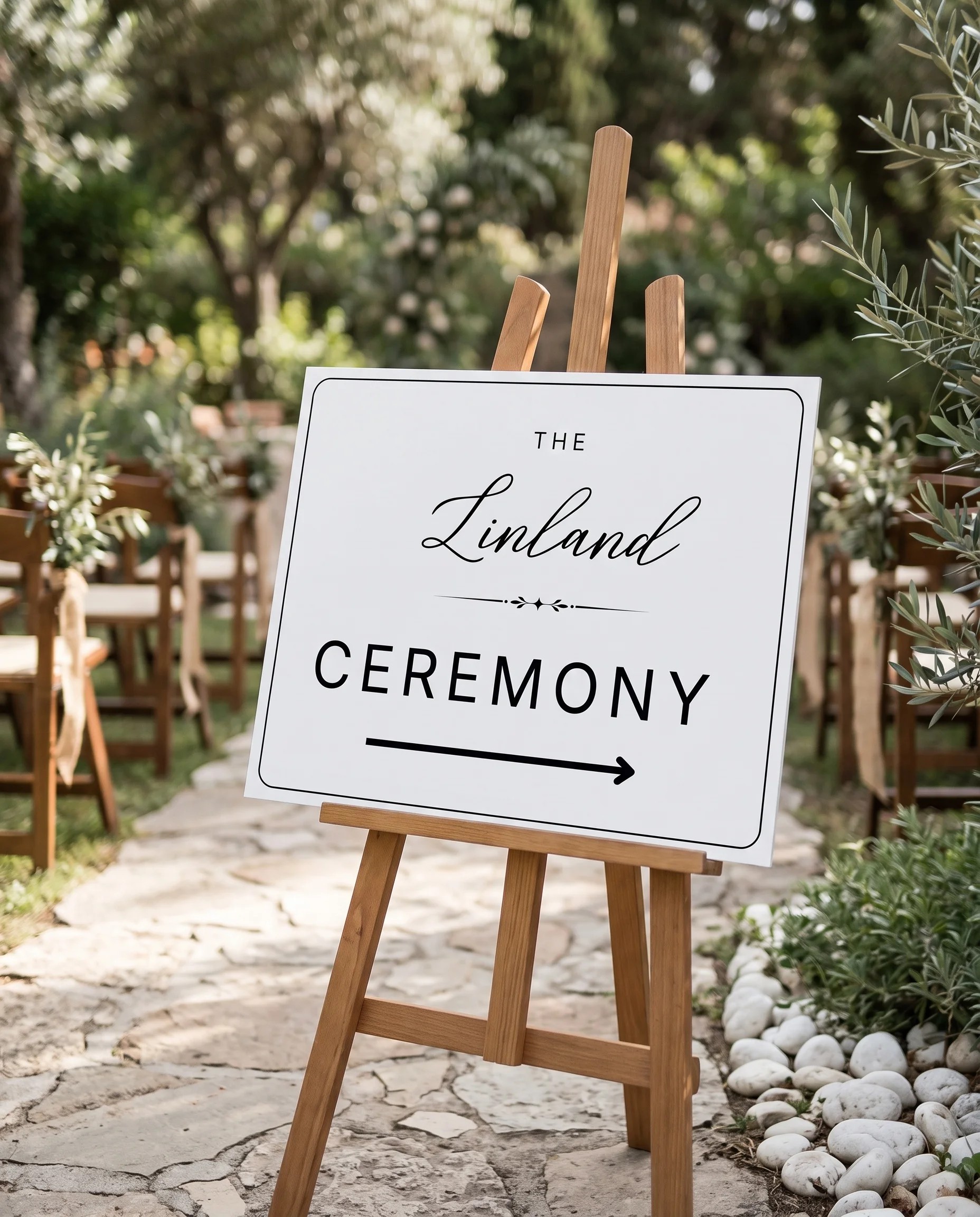 Lyris wedding ceremony sign — displayed at a wedding ceremony setting under soft natural light, unplugged ceremony sign.