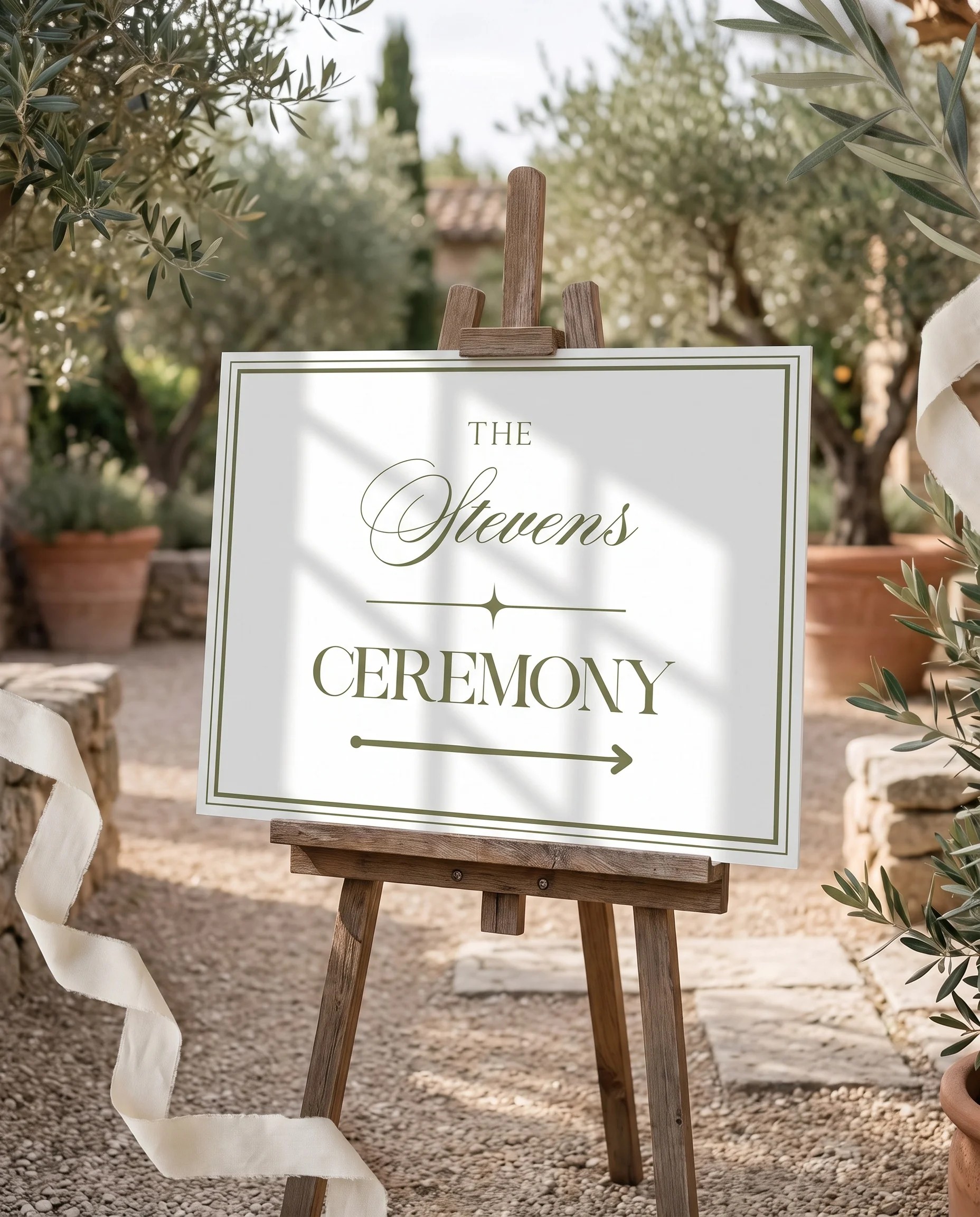 Olive Script wedding ceremony sign — displayed at a wedding ceremony setting in soft natural light, unplugged ceremony sign
