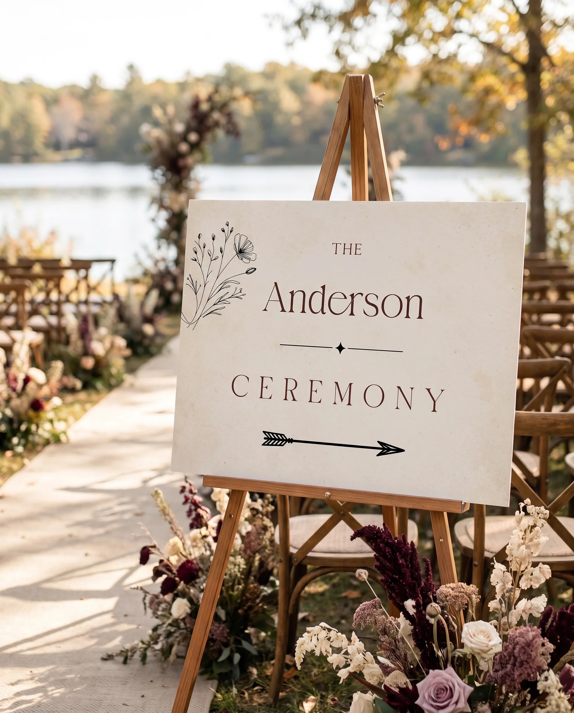Heritage Bloom wedding ceremony sign — shown at a wedding ceremony setting under soft natural light, unplugged ceremony sign.
