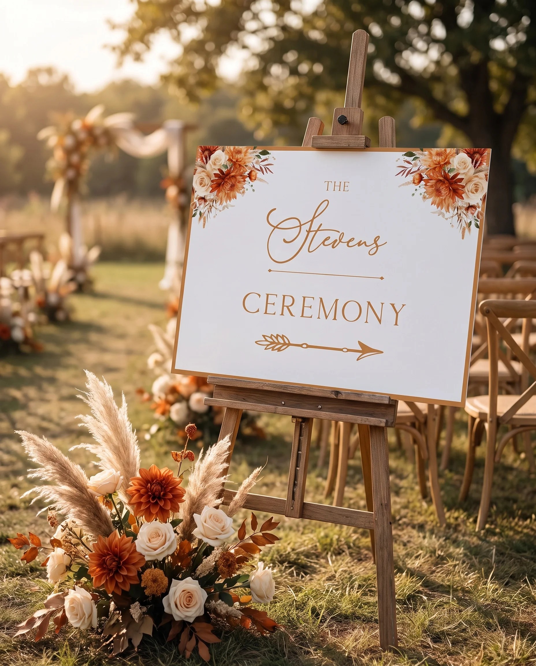 Marigold wedding ceremony sign — shown at a wedding ceremony setting under soft natural light, unplugged ceremony sign.