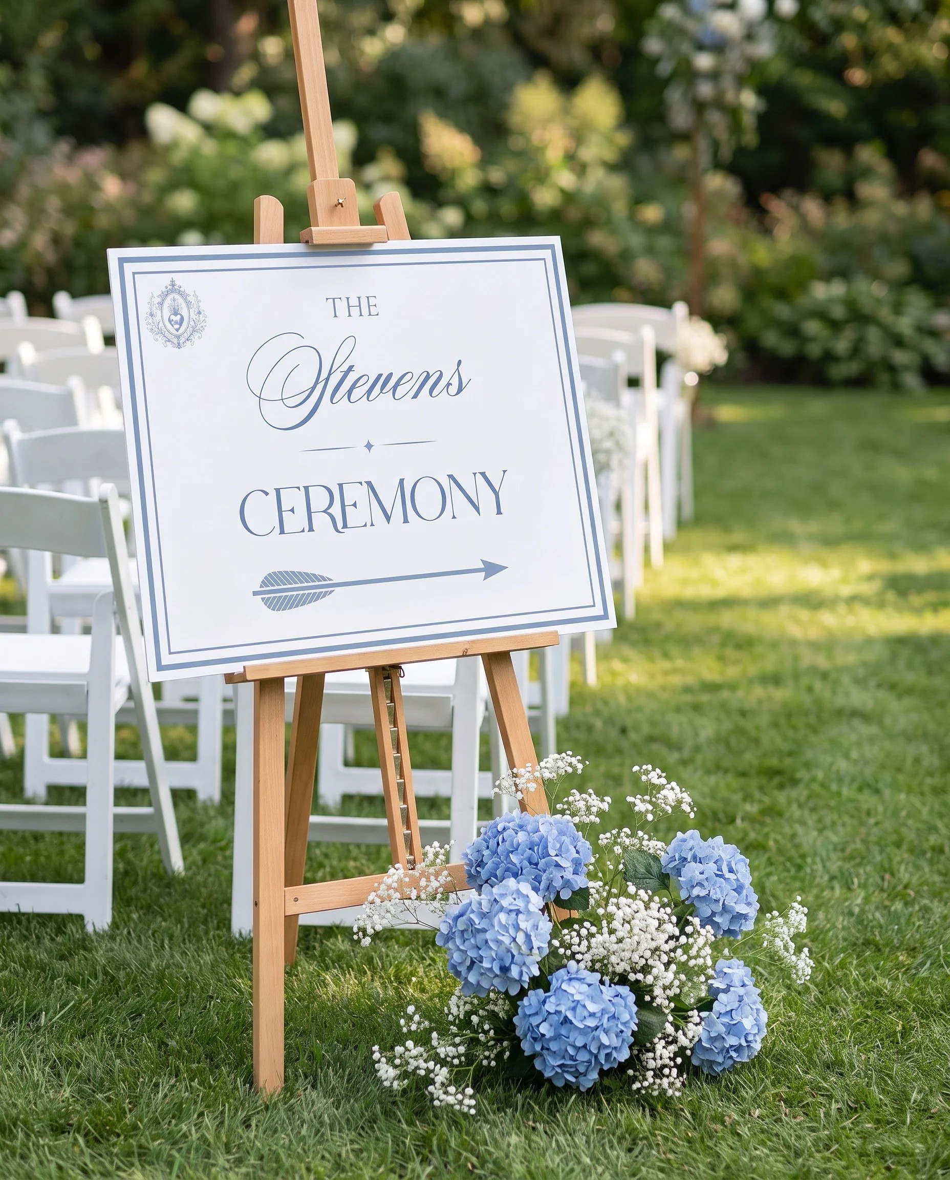 Azure Flourish wedding ceremony sign — displayed at a wedding ceremony setting under soft natural light, unplugged ceremony sign.