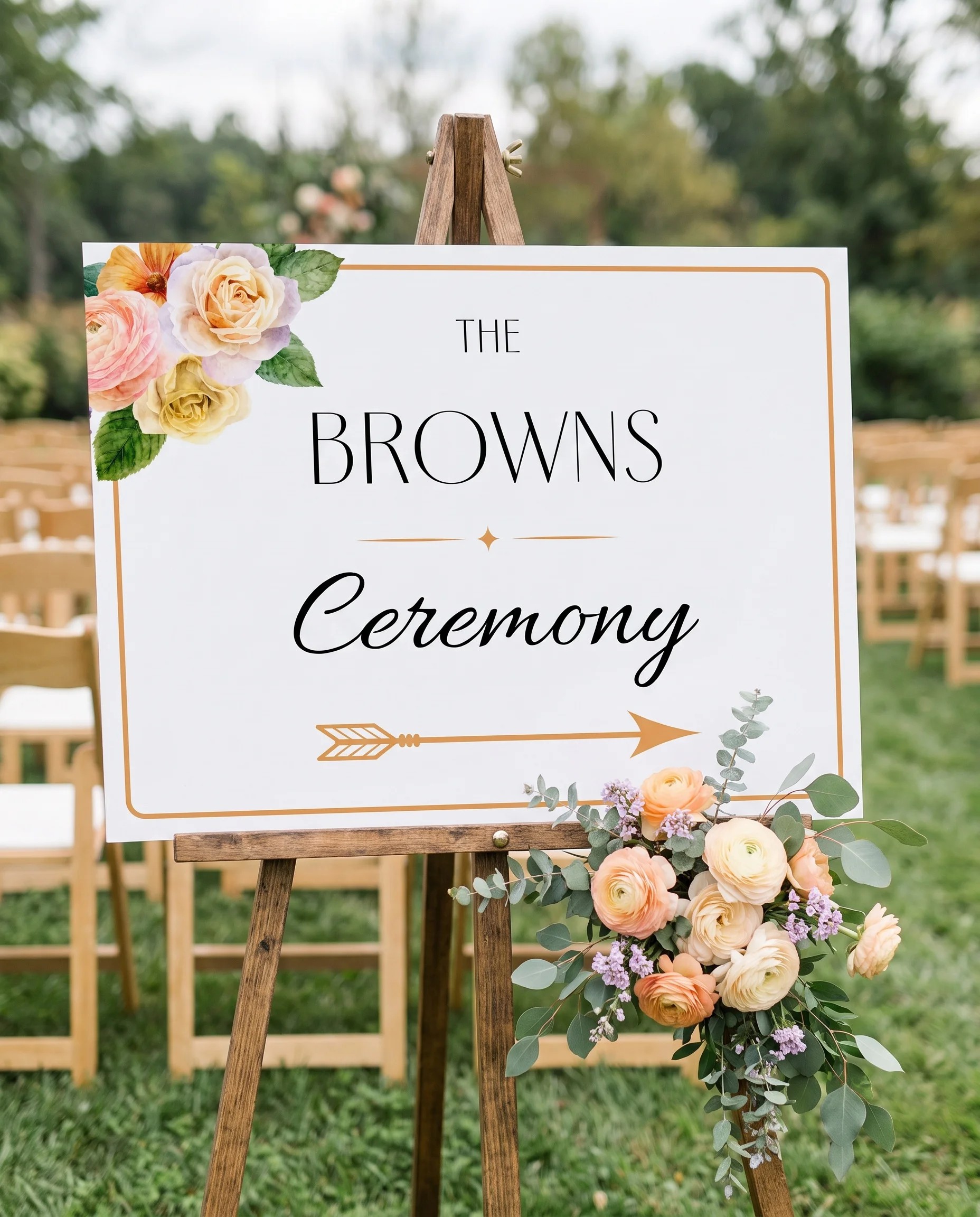 Petal Glade wedding ceremony sign — displayed at a ceremony setting under soft natural light, unplugged ceremony sign.