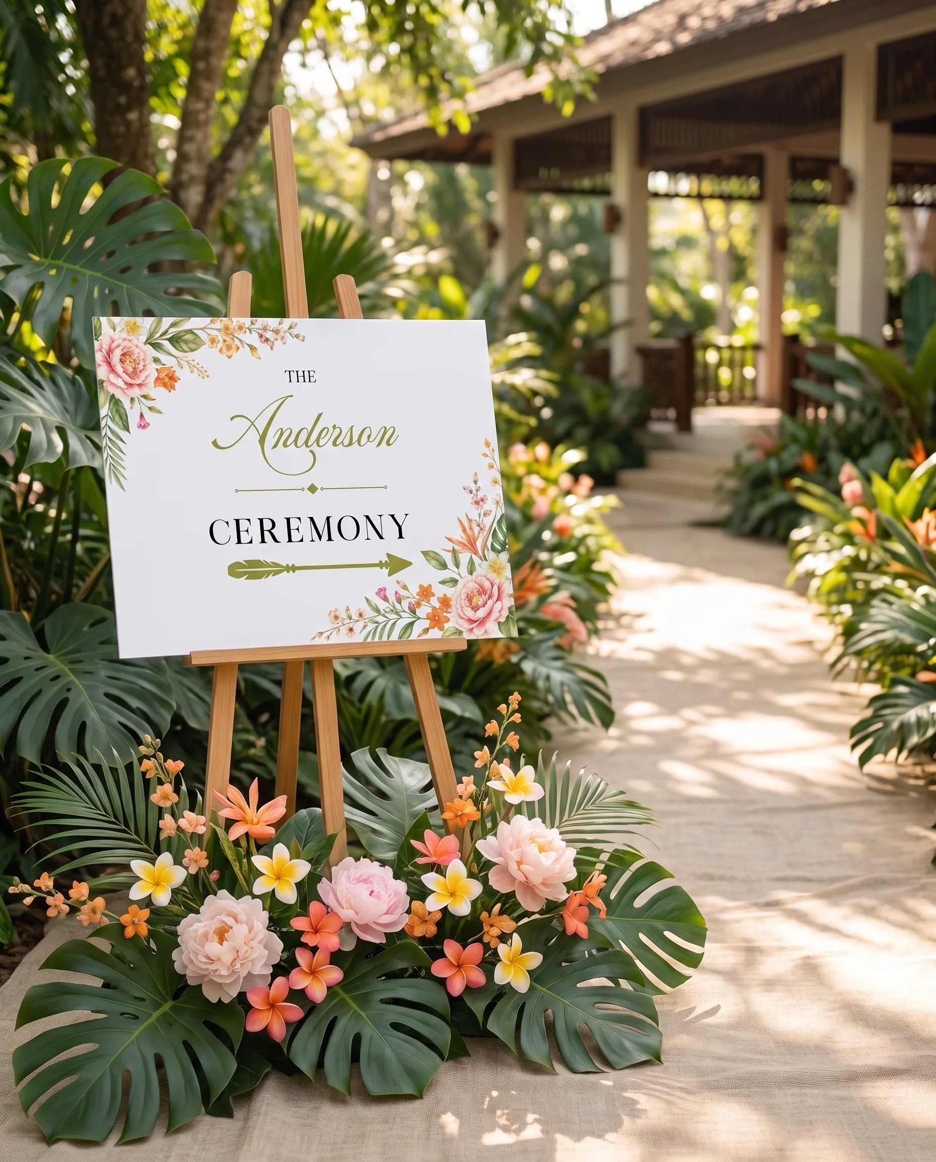 Plumeria Peony wedding ceremony sign — displayed at a wedding ceremony setting under soft natural light, unplugged ceremony sign.