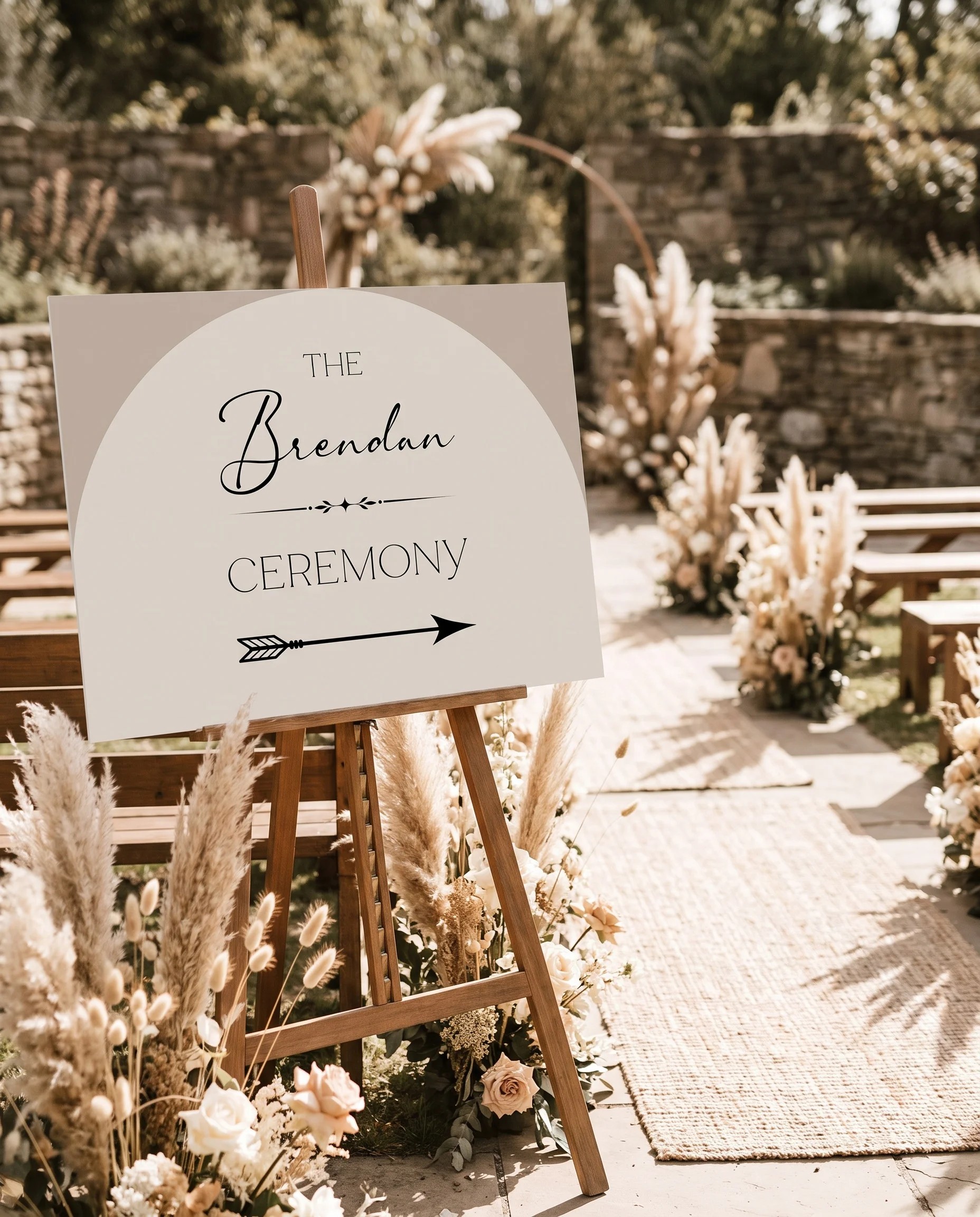 Tassel Arc wedding ceremony sign — displayed at a ceremony setting under soft natural light, unplugged ceremony sign.