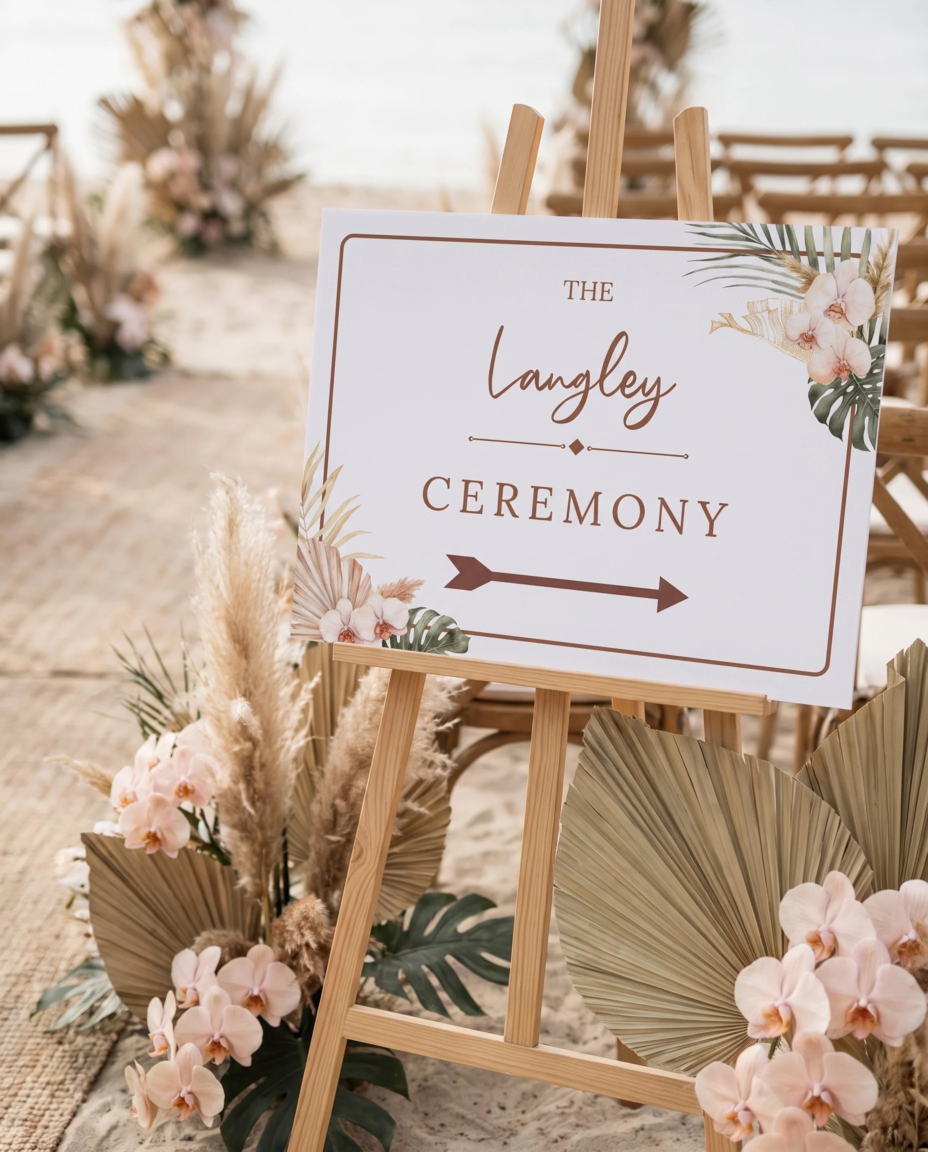 Palm Orchid wedding ceremony sign — shown at a wedding ceremony setting under soft natural light, unplugged ceremony sign.