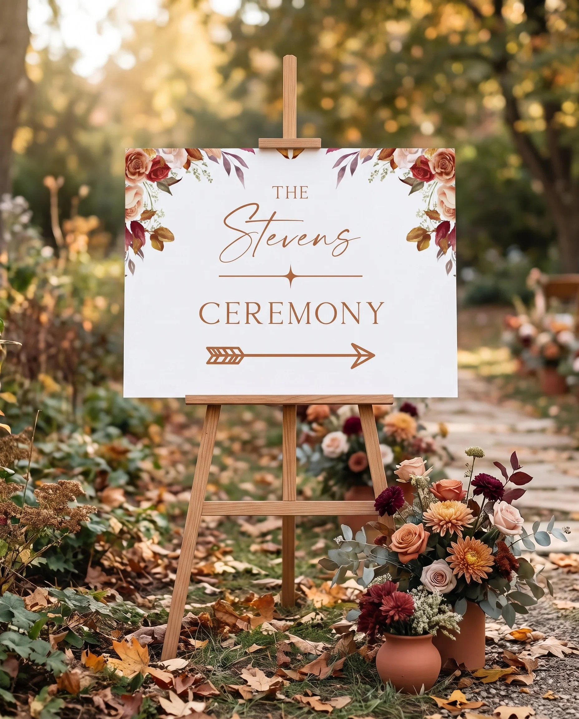 Autumn Bloom wedding ceremony sign — displayed at a wedding ceremony setting under soft natural light, unplugged ceremony sign