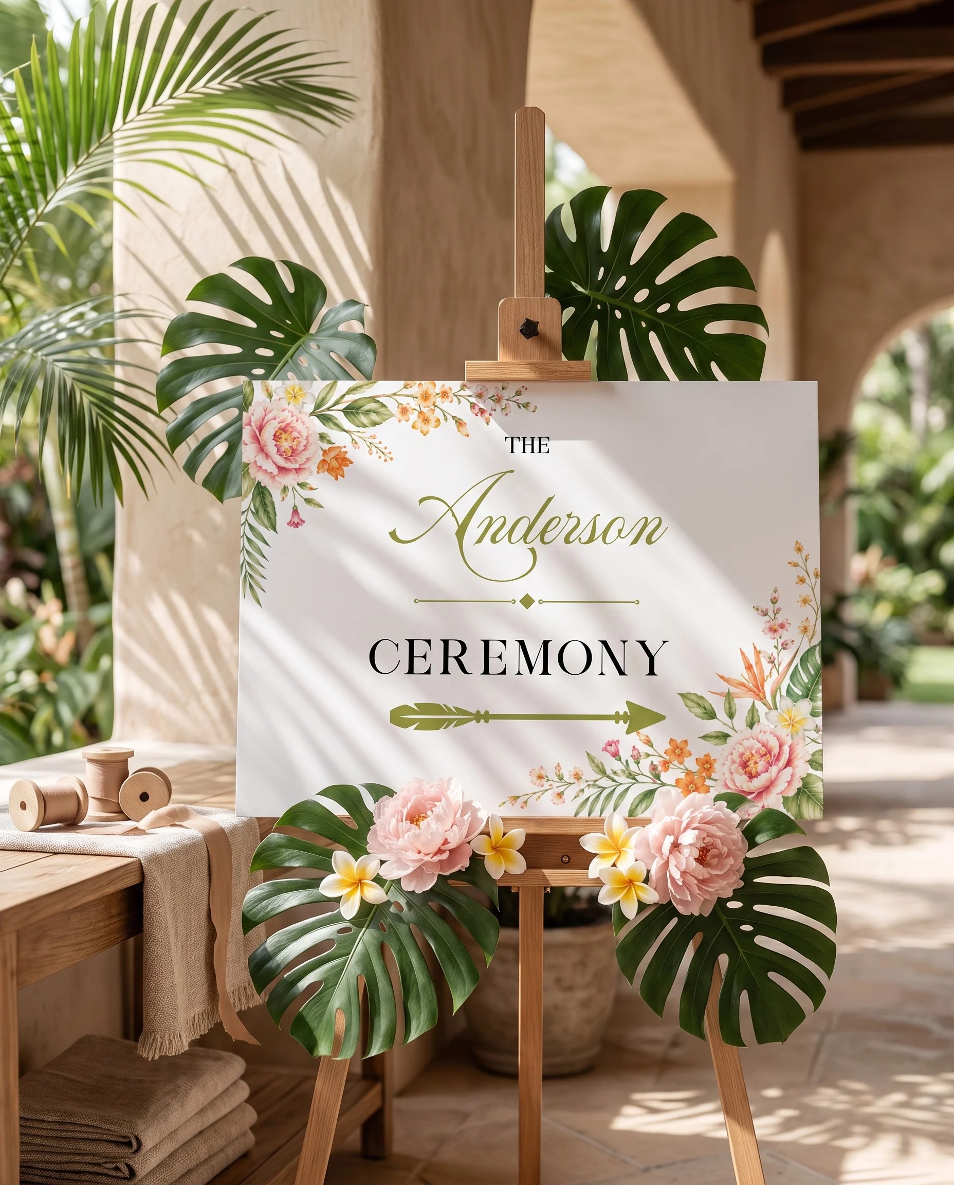 Plumeria Peony wedding ceremony sign — Page 1 displayed on an easel under soft natural light, premium editorial wedding ceremony signs.