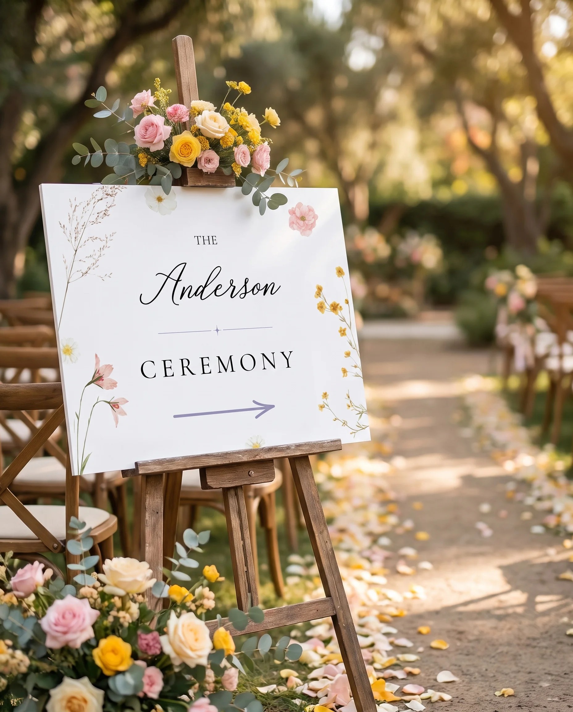Marigold Petal wedding ceremony sign — shown at a wedding ceremony setting on premium editorial paper under soft natural light, unplugged ceremony sign.
