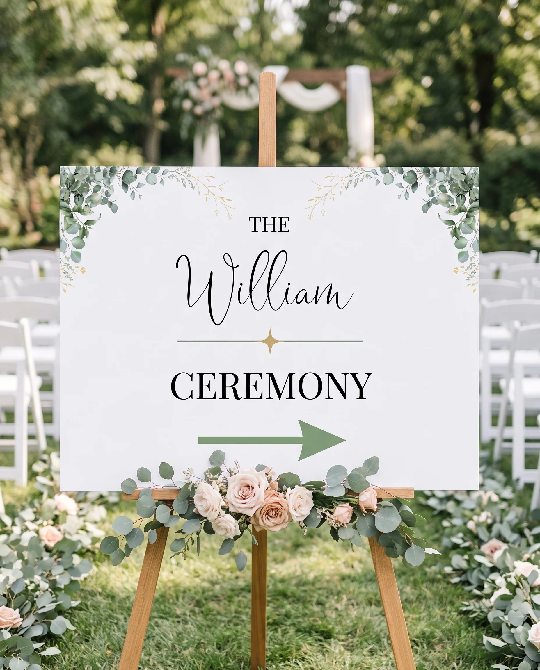 Eucalyptus Gold wedding ceremony sign — displayed at a wedding ceremony setting under soft natural light, unplugged ceremony sign.