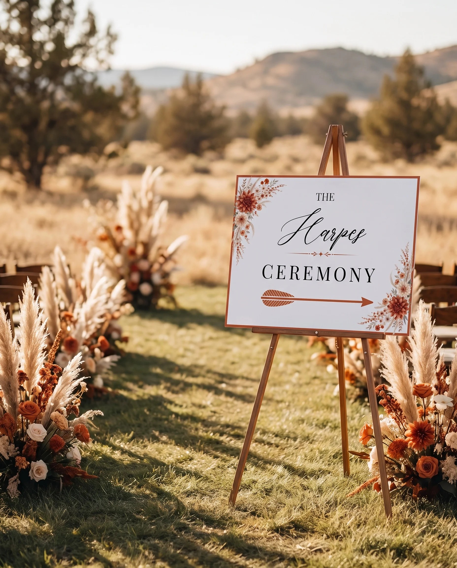 Dahlia Ember wedding ceremony sign — displayed at a wedding ceremony setting under soft natural light, unplugged ceremony sign.