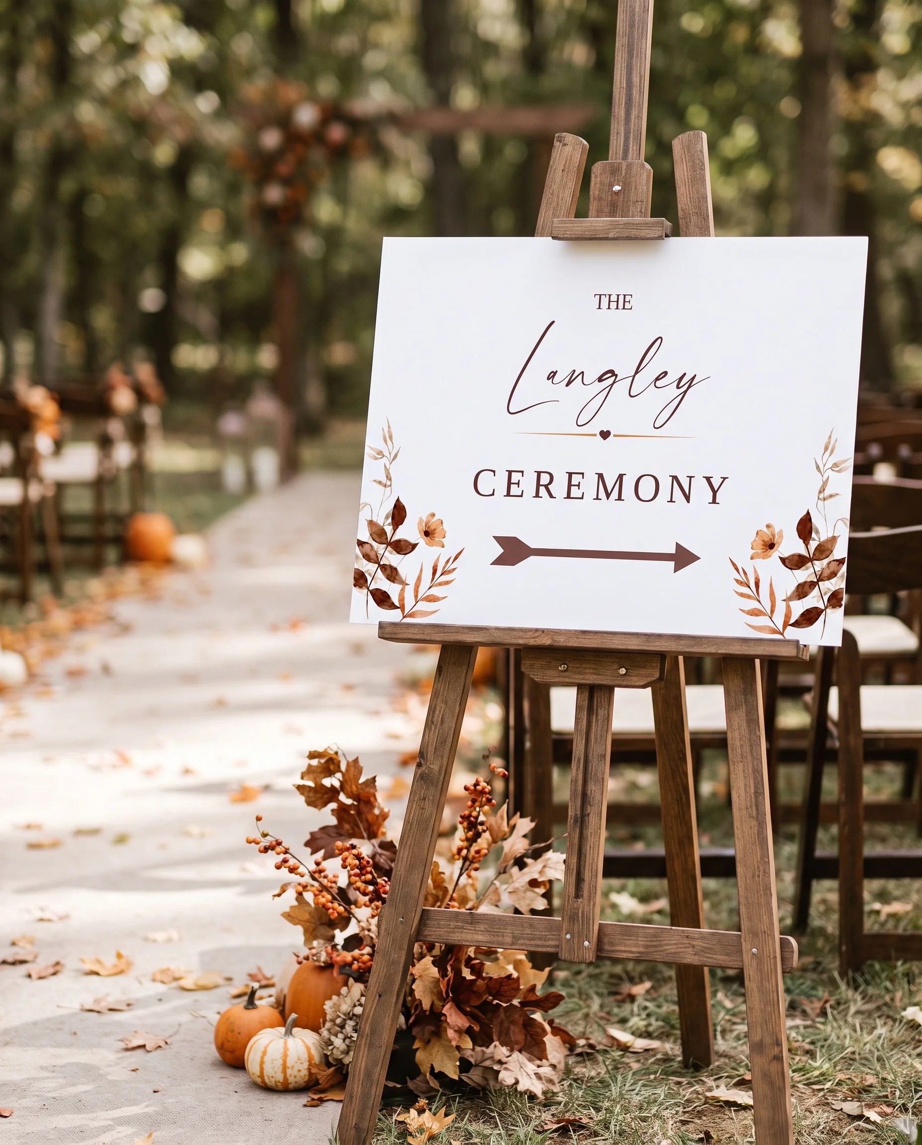 Autumn Bower wedding ceremony sign — shown at a wedding ceremony setting under soft natural light, unplugged ceremony sign.