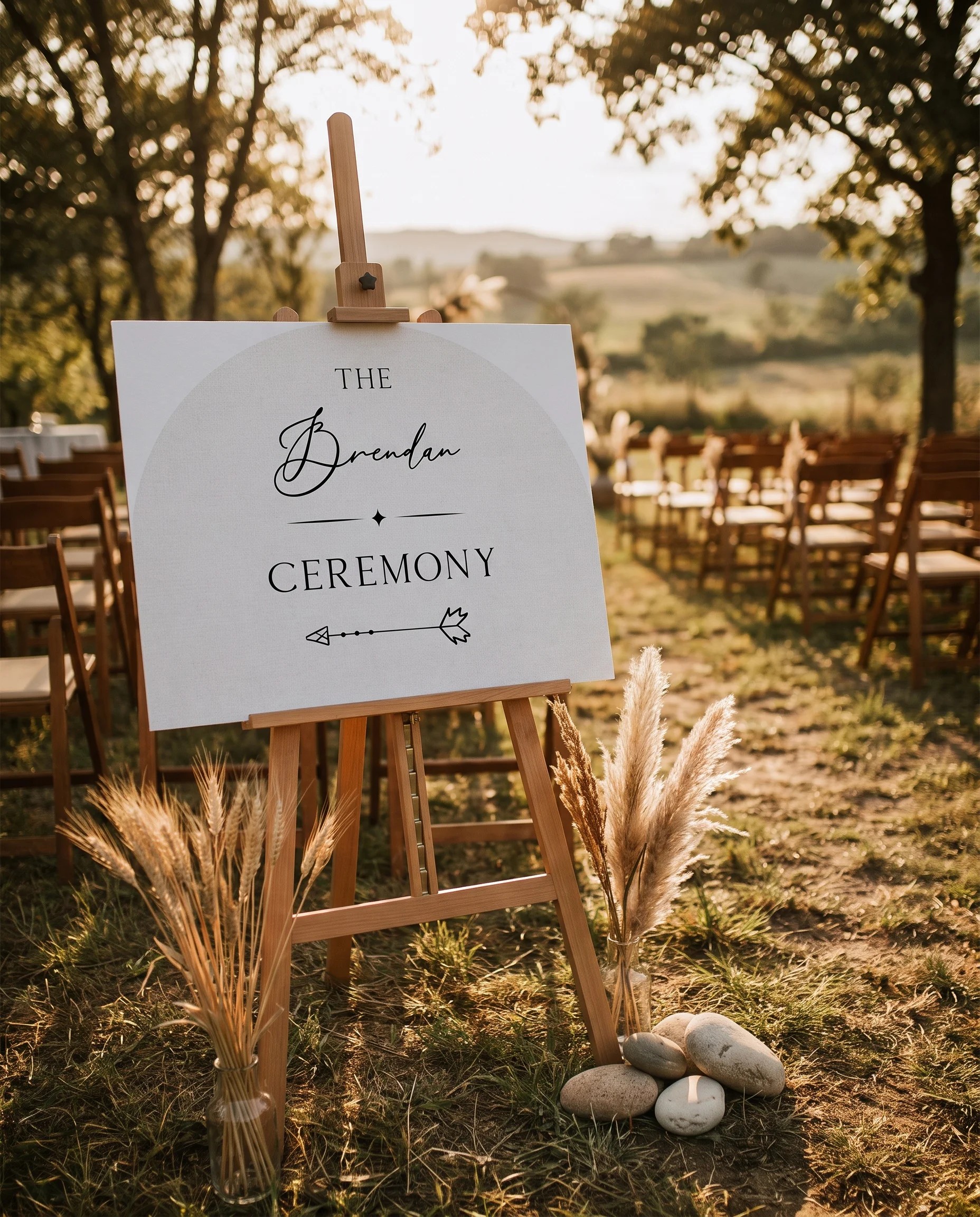 Halo Arch wedding ceremony sign — displayed at a wedding ceremony setting under soft natural light, slight overhead angle, unplugged ceremony sign