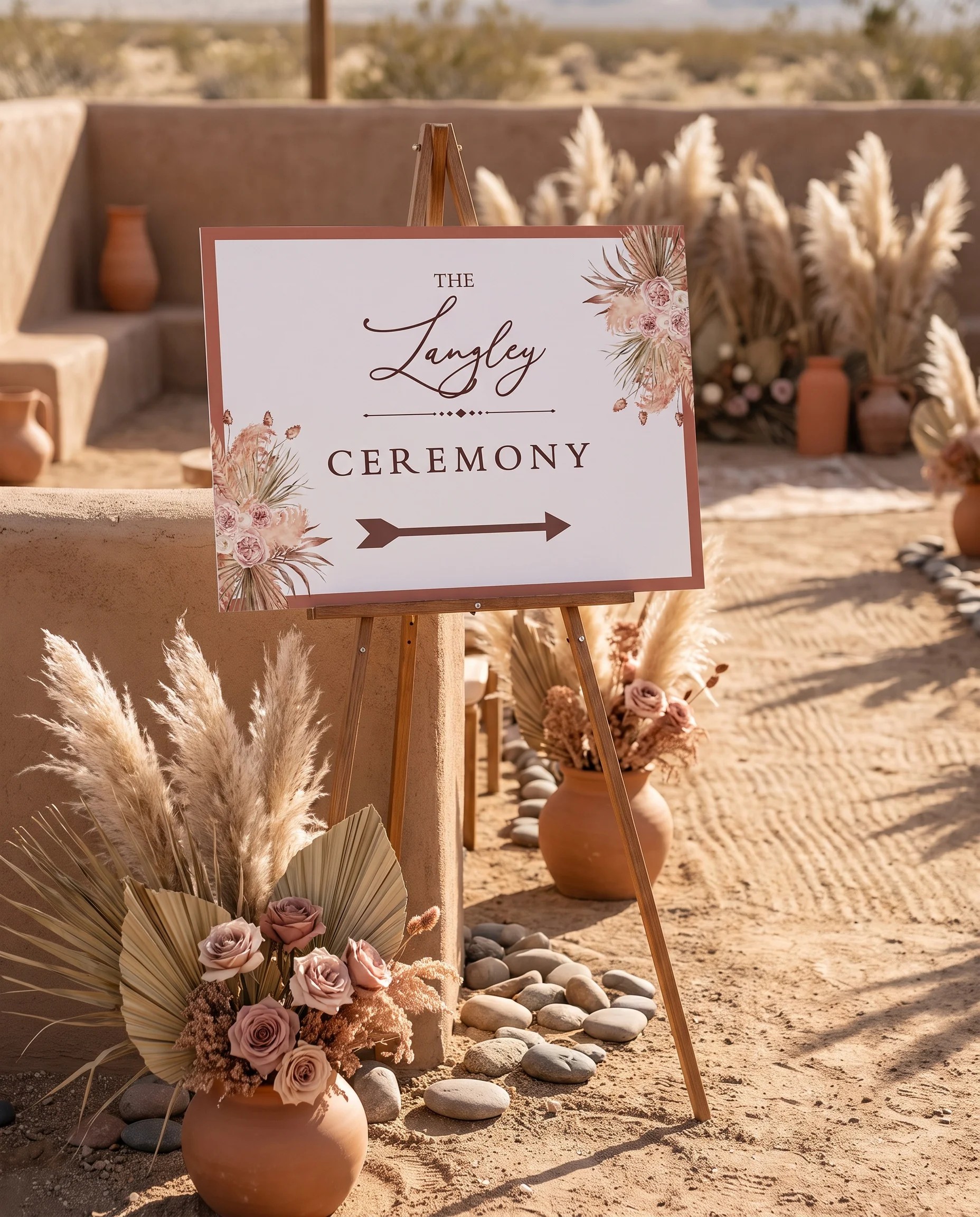 Desert Bloom wedding ceremony sign — displayed at a wedding ceremony setting under soft natural light, unplugged ceremony sign.