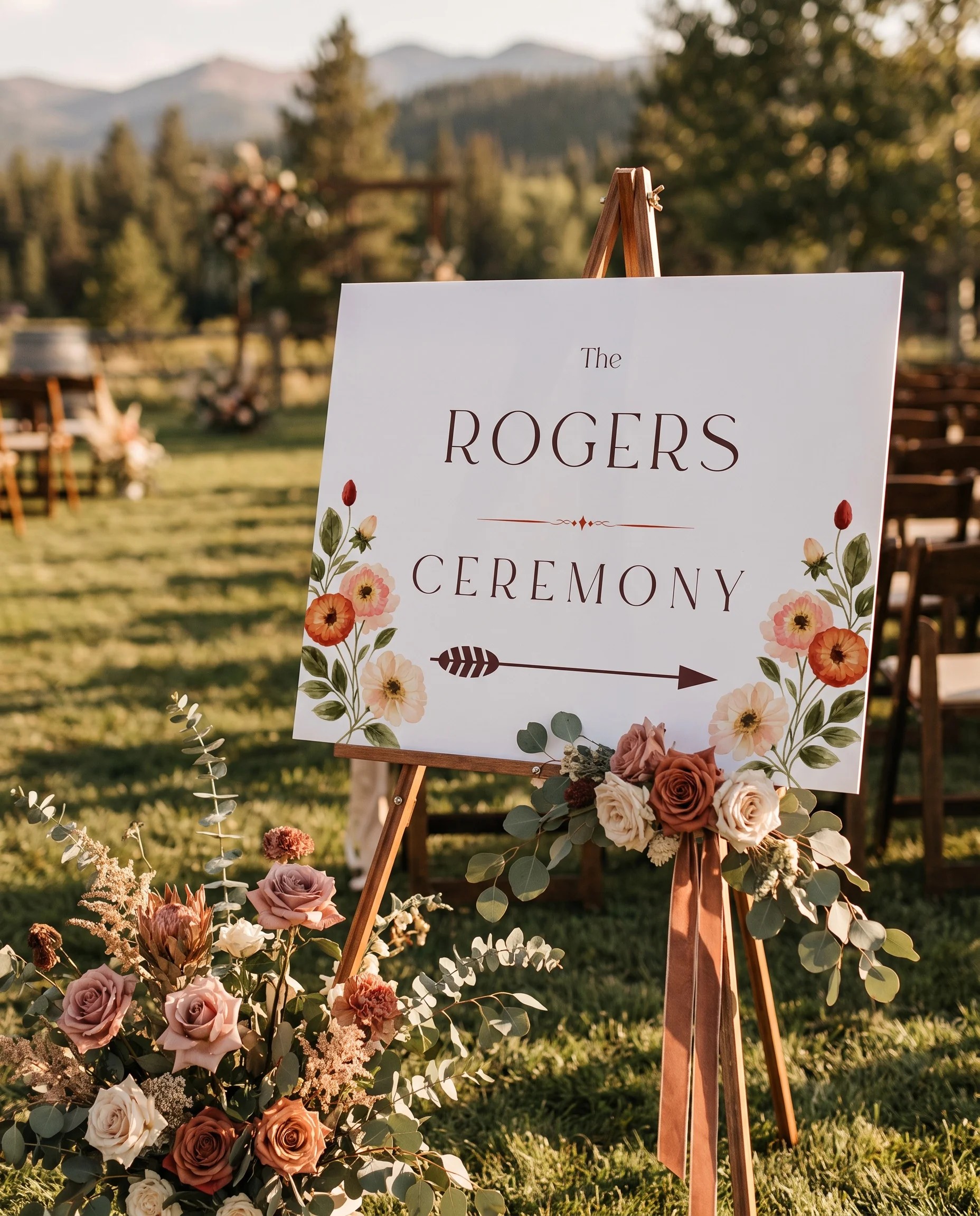 Eucalyptus Bloom wedding ceremony sign — displayed at a wedding ceremony setting under soft natural light, unplugged ceremony sign.