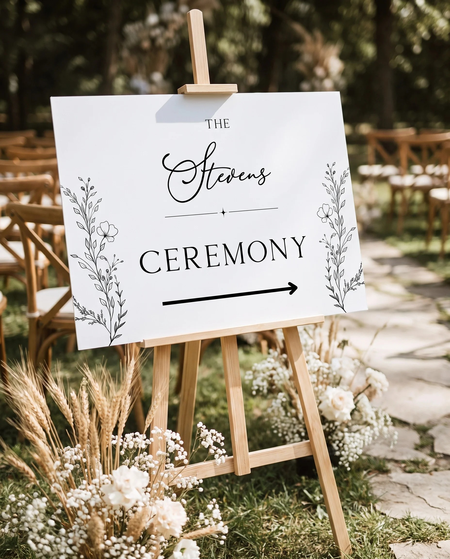 Meadow Sprig wedding ceremony sign — shown at a wedding ceremony setting under soft natural light, unplugged ceremony sign.