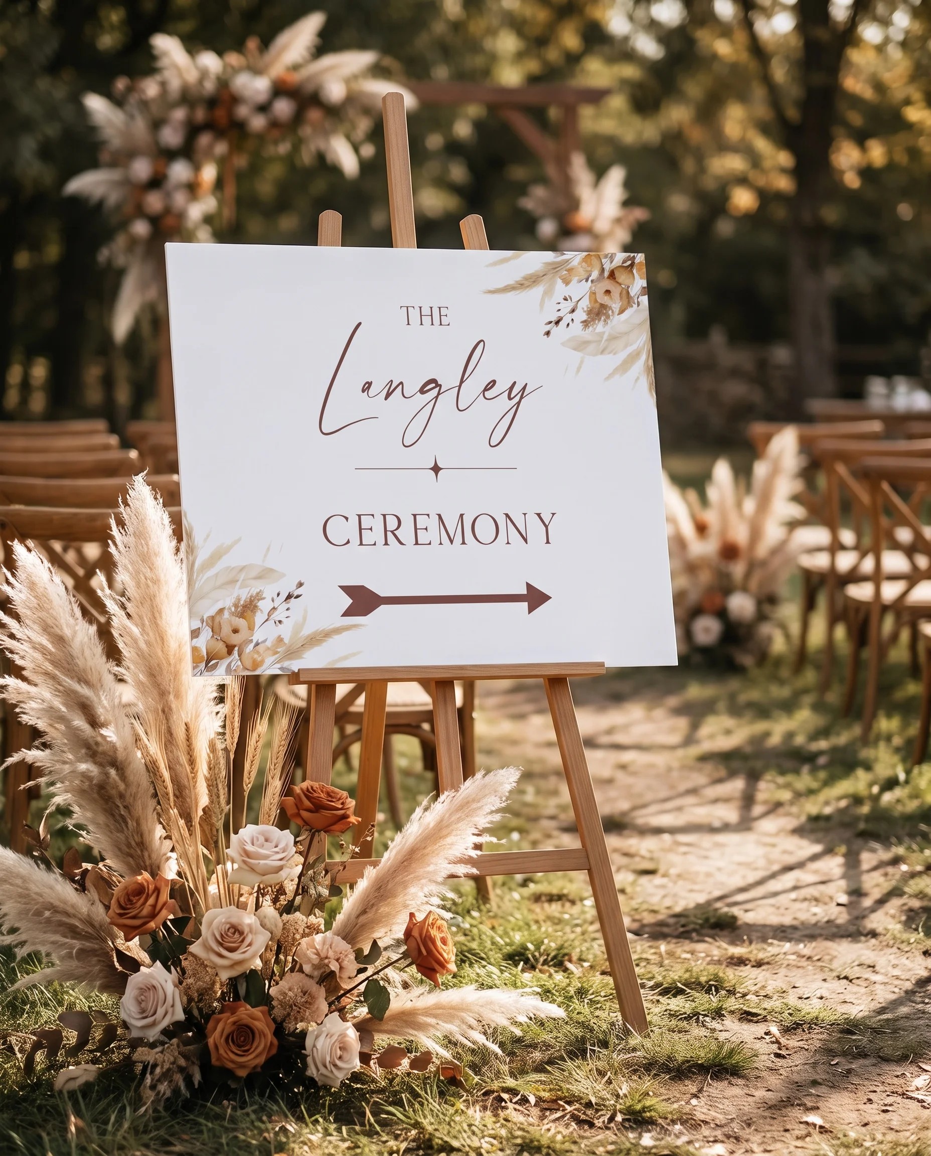 Harvest Script wedding ceremony sign — displayed at a wedding ceremony setting under soft natural overhead light, unplugged ceremony sign.