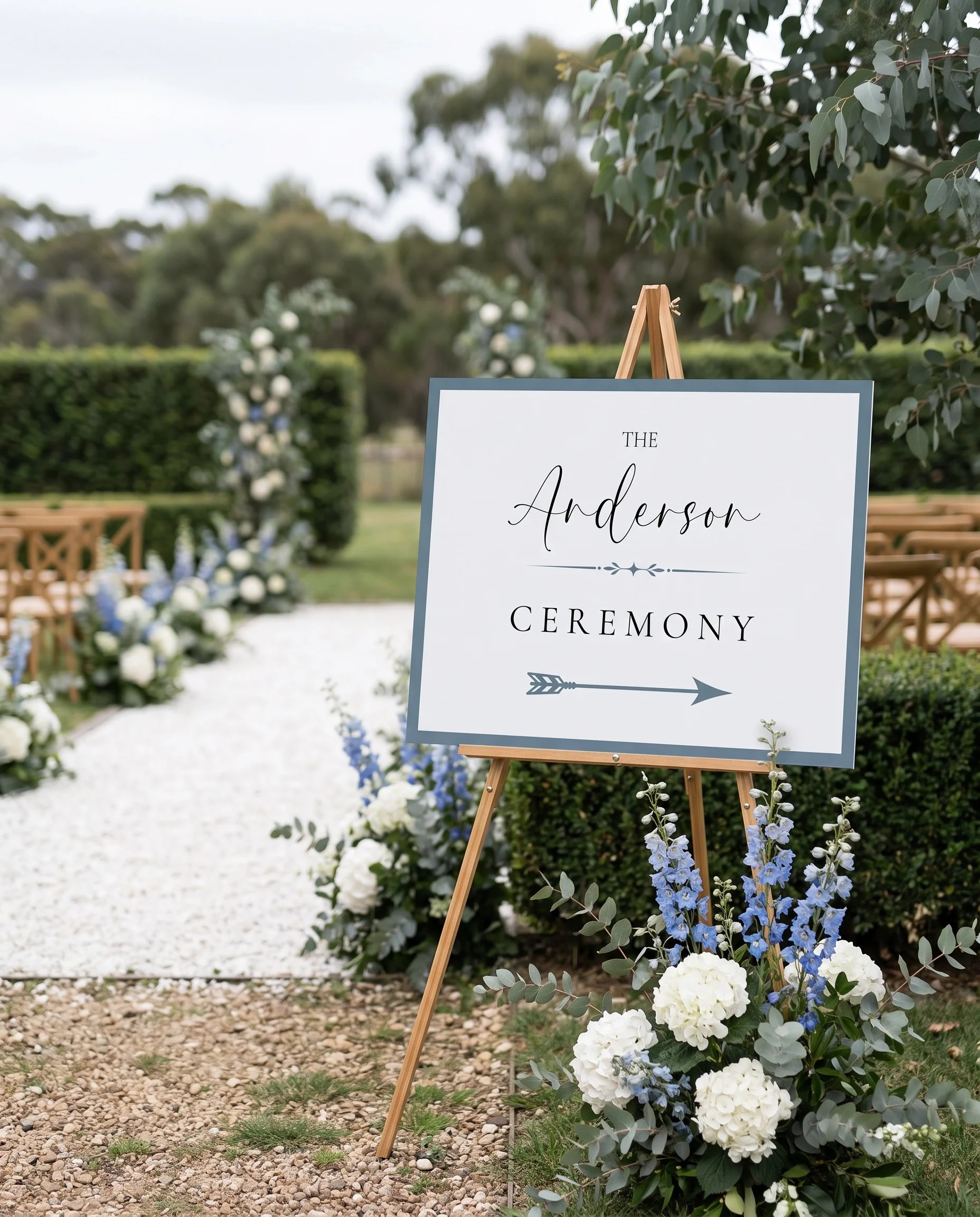 Arrow Crest wedding ceremony sign — displayed at a wedding ceremony setting under soft natural light, unplugged ceremony sign