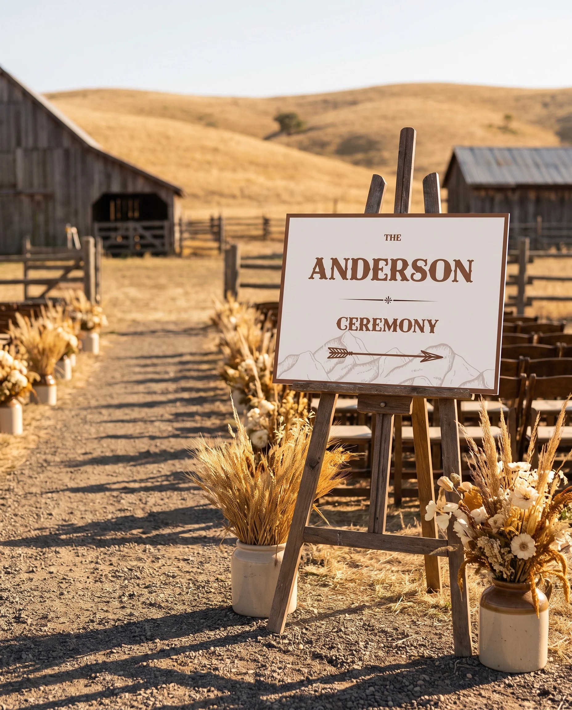 Saddle Crest wedding ceremony sign — shown at a wedding ceremony setting under soft natural light, unplugged ceremony sign.