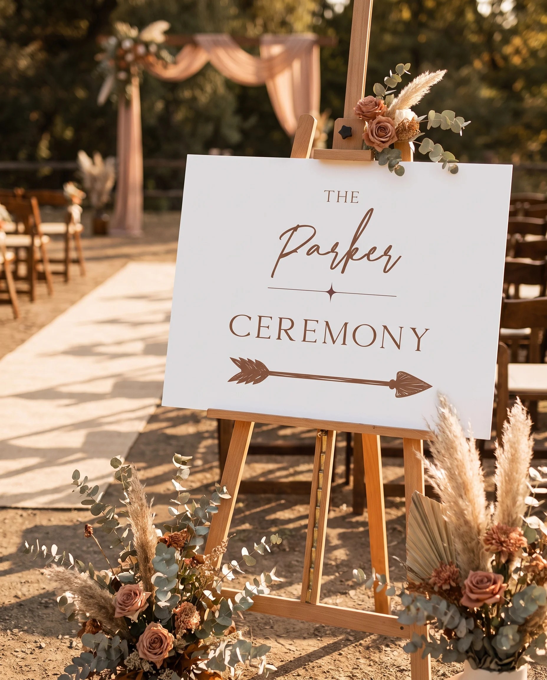 Briar Script wedding ceremony sign — displayed at a ceremony setting in soft natural light, unplugged ceremony sign.