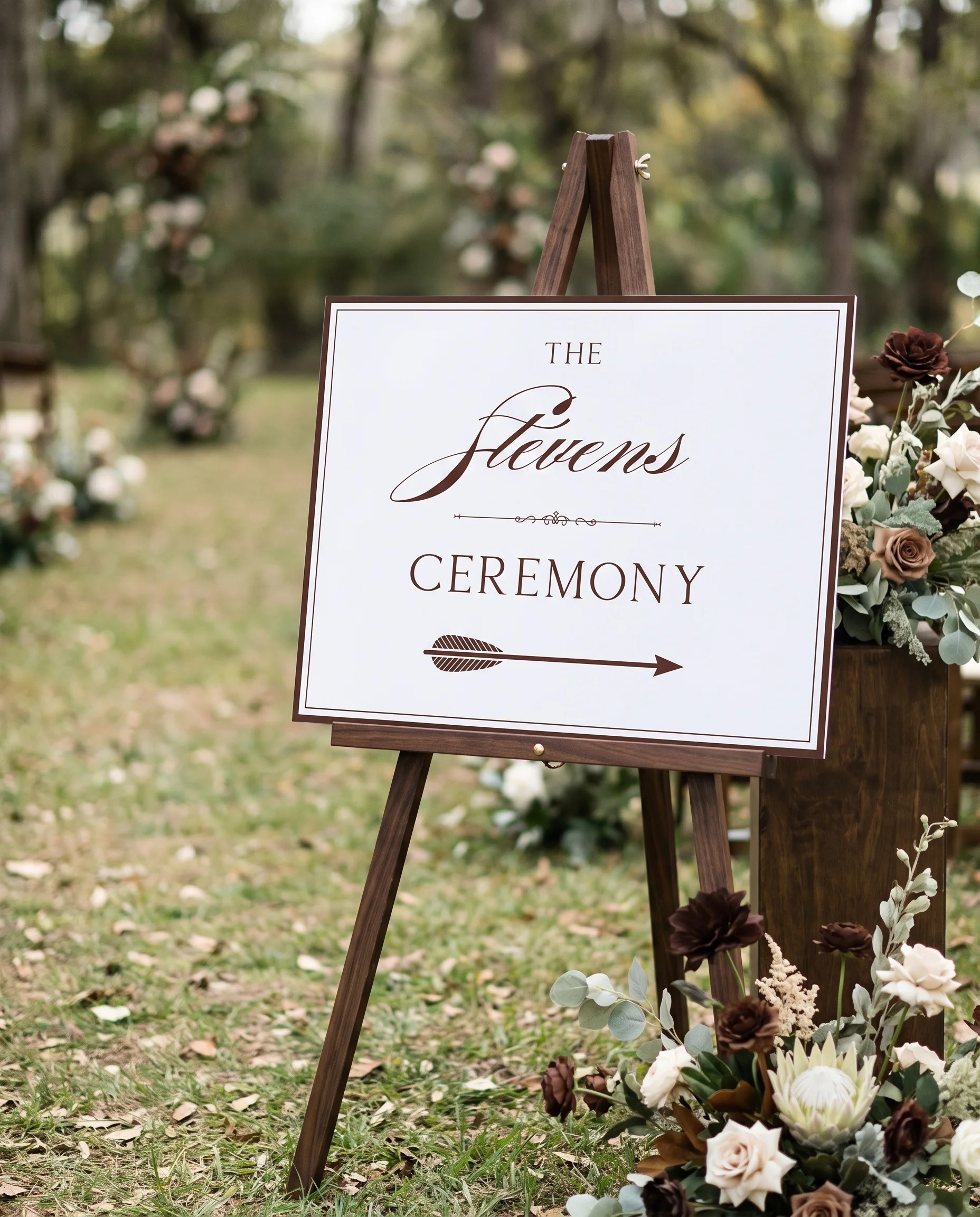 Velour wedding ceremony sign — shown at a wedding ceremony setting under soft natural light with a slight overhead angle, unplugged ceremony sign.
