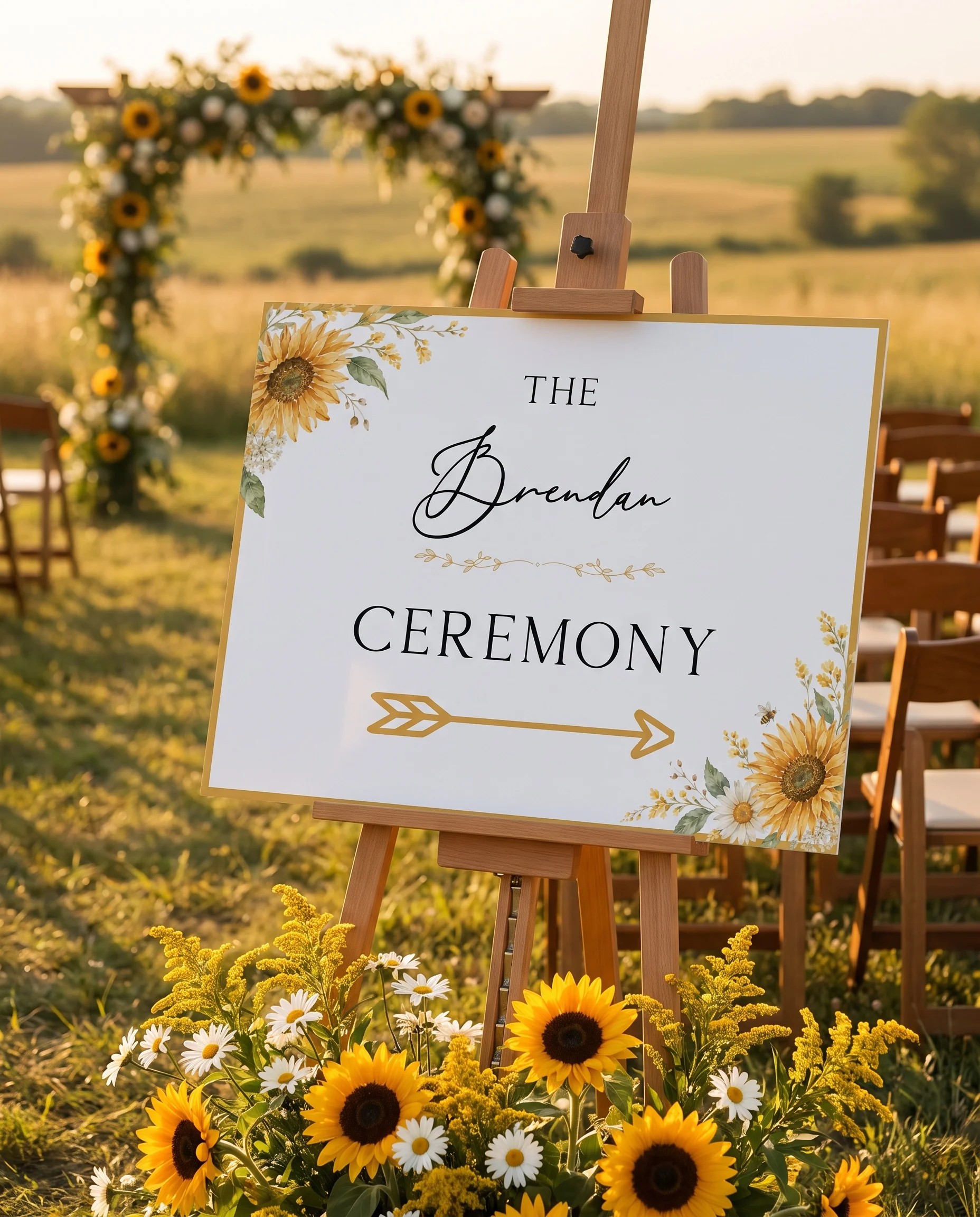 Honeyfield wedding ceremony sign — single page shown at a ceremony setting in soft natural light, slight overhead angle, unplugged ceremony sign.