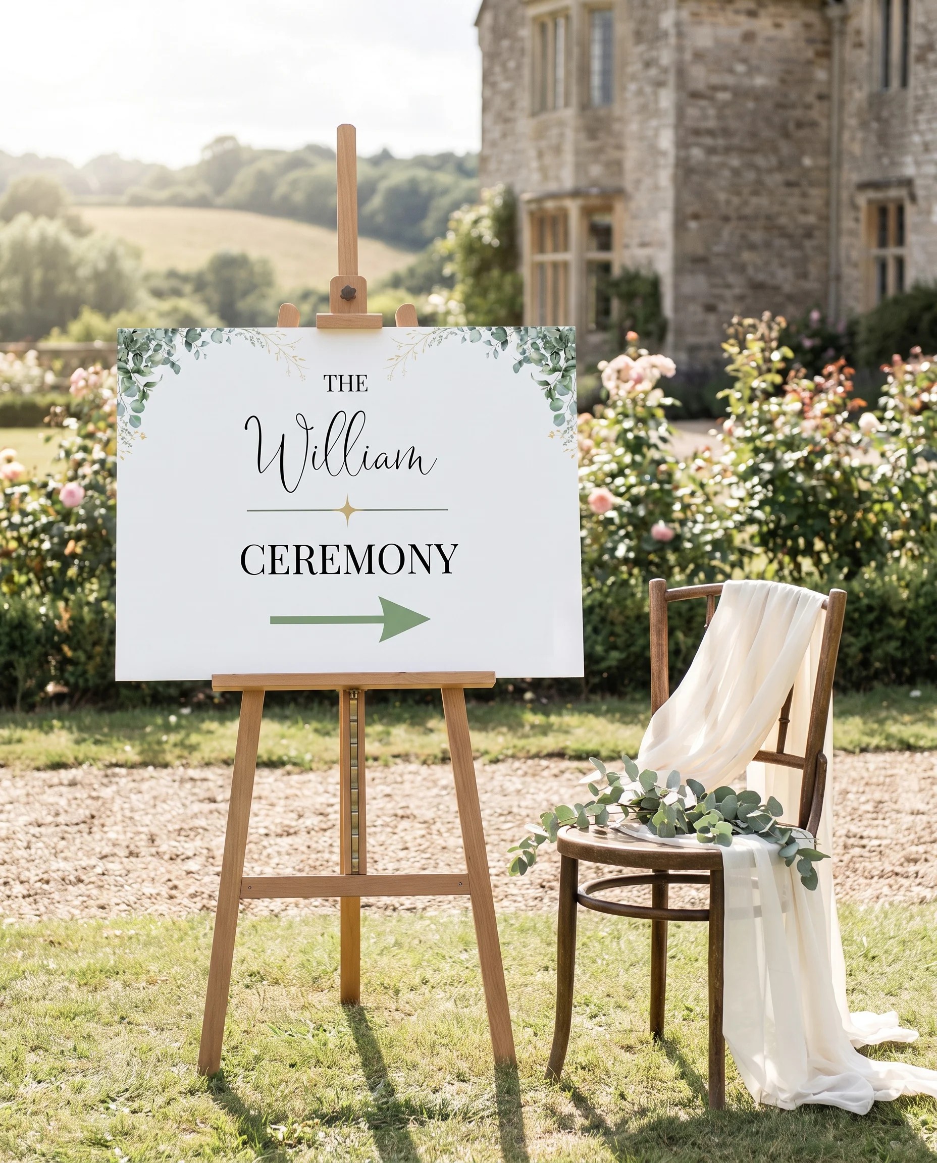 Eucalyptus Gold wedding ceremony sign — sign shown beside furniture for scale under soft natural light with a slight overhead angle, wedding signage.