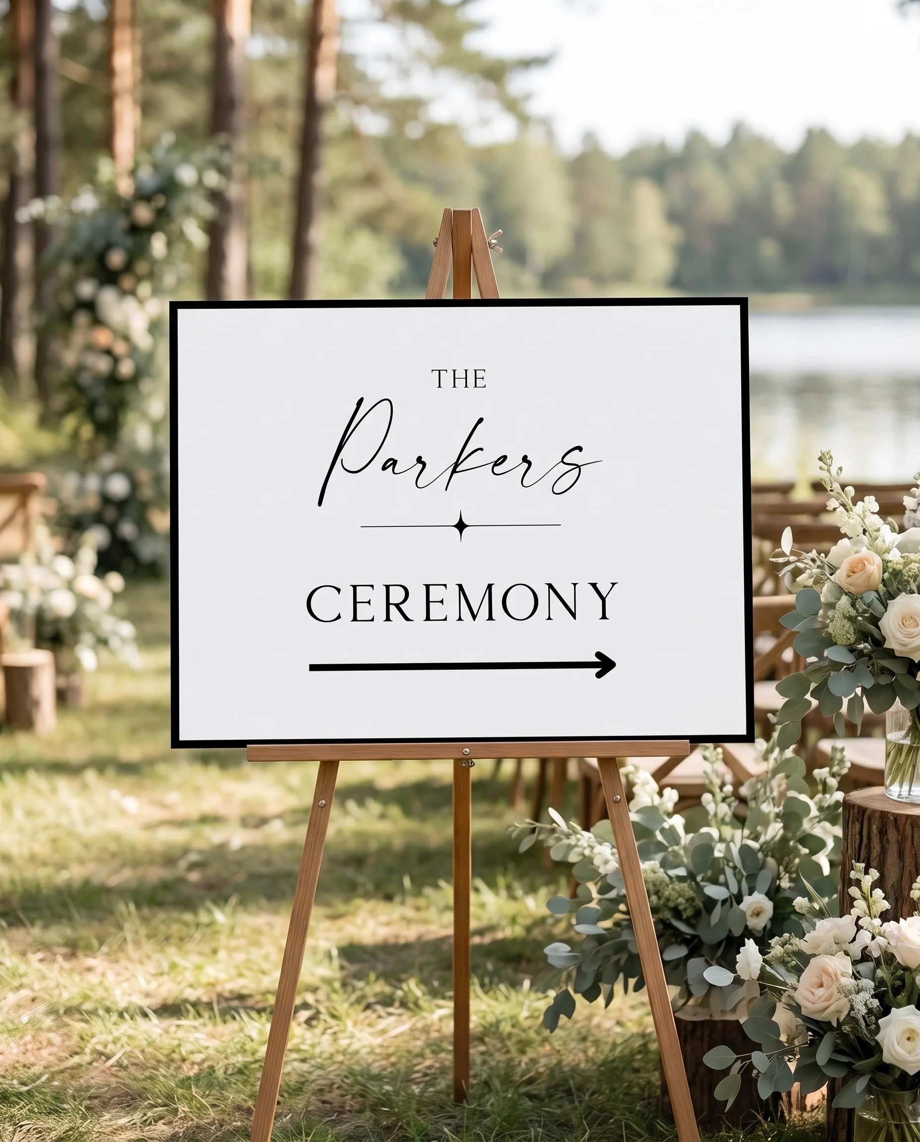 Lumen Frame wedding ceremony sign — displayed at a wedding ceremony setting under soft natural light, unplugged ceremony sign.