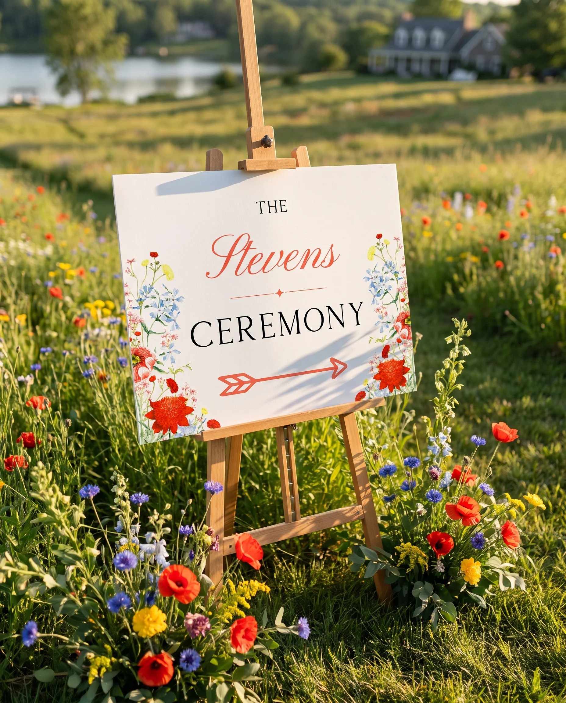 Poppy Meridian wedding ceremony sign — displayed at a wedding ceremony setting under soft natural light, unplugged ceremony sign.