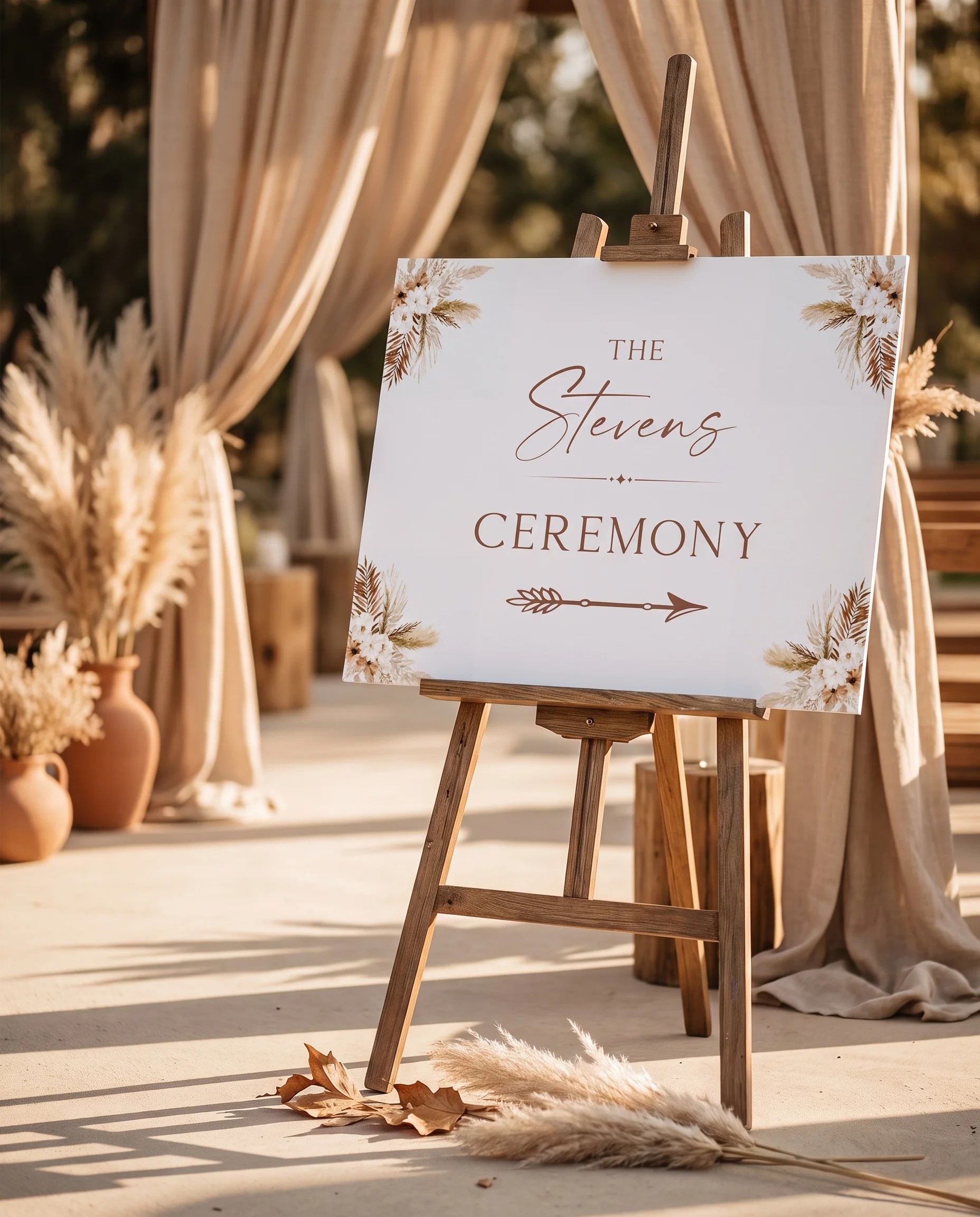 Pampas Bloom wedding ceremony sign — shown at a wedding ceremony setting under soft natural light, unplugged ceremony sign.