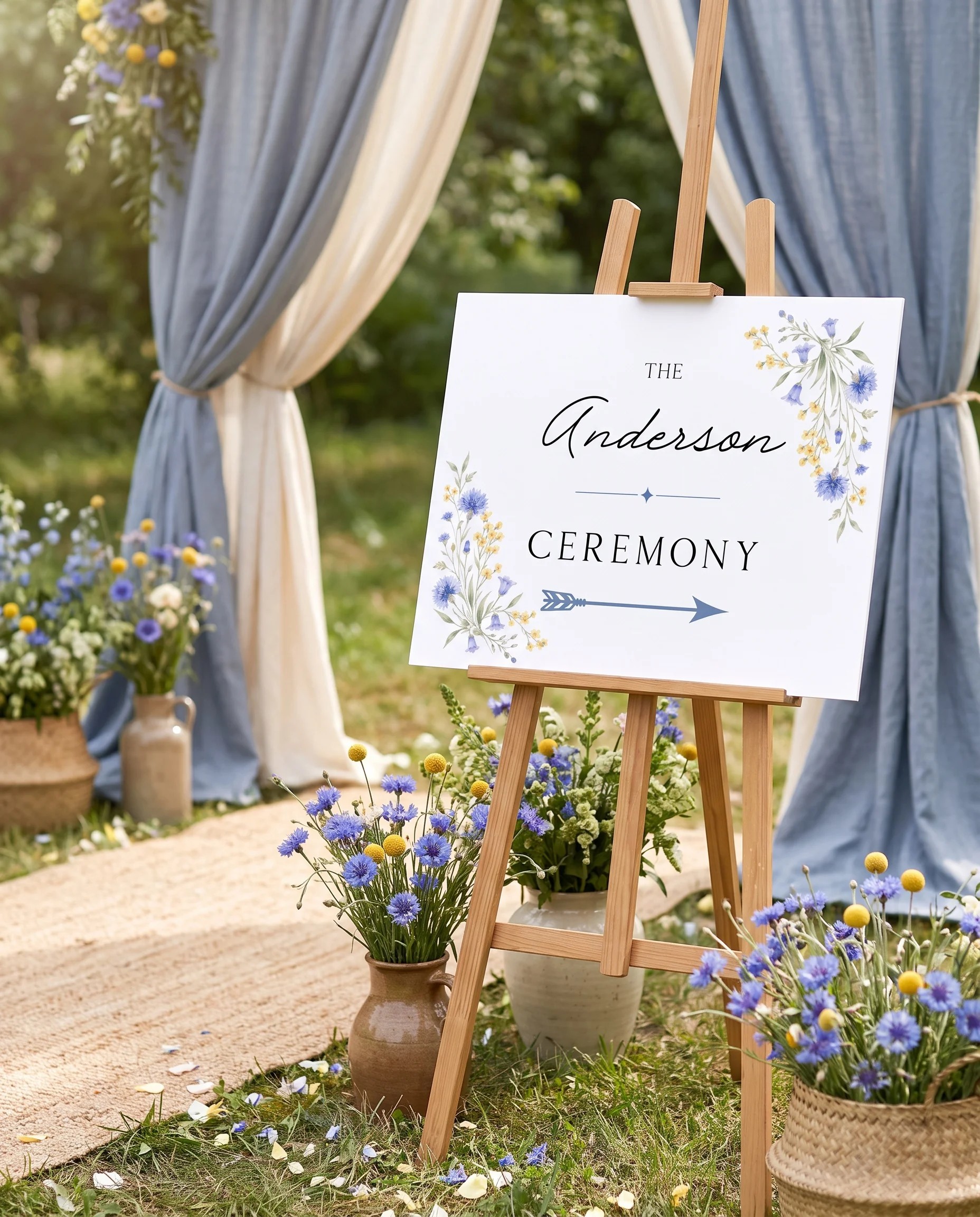 Cornflower wedding ceremony sign — displayed at a wedding ceremony setting under soft natural light, slight overhead angle, unplugged ceremony sign
