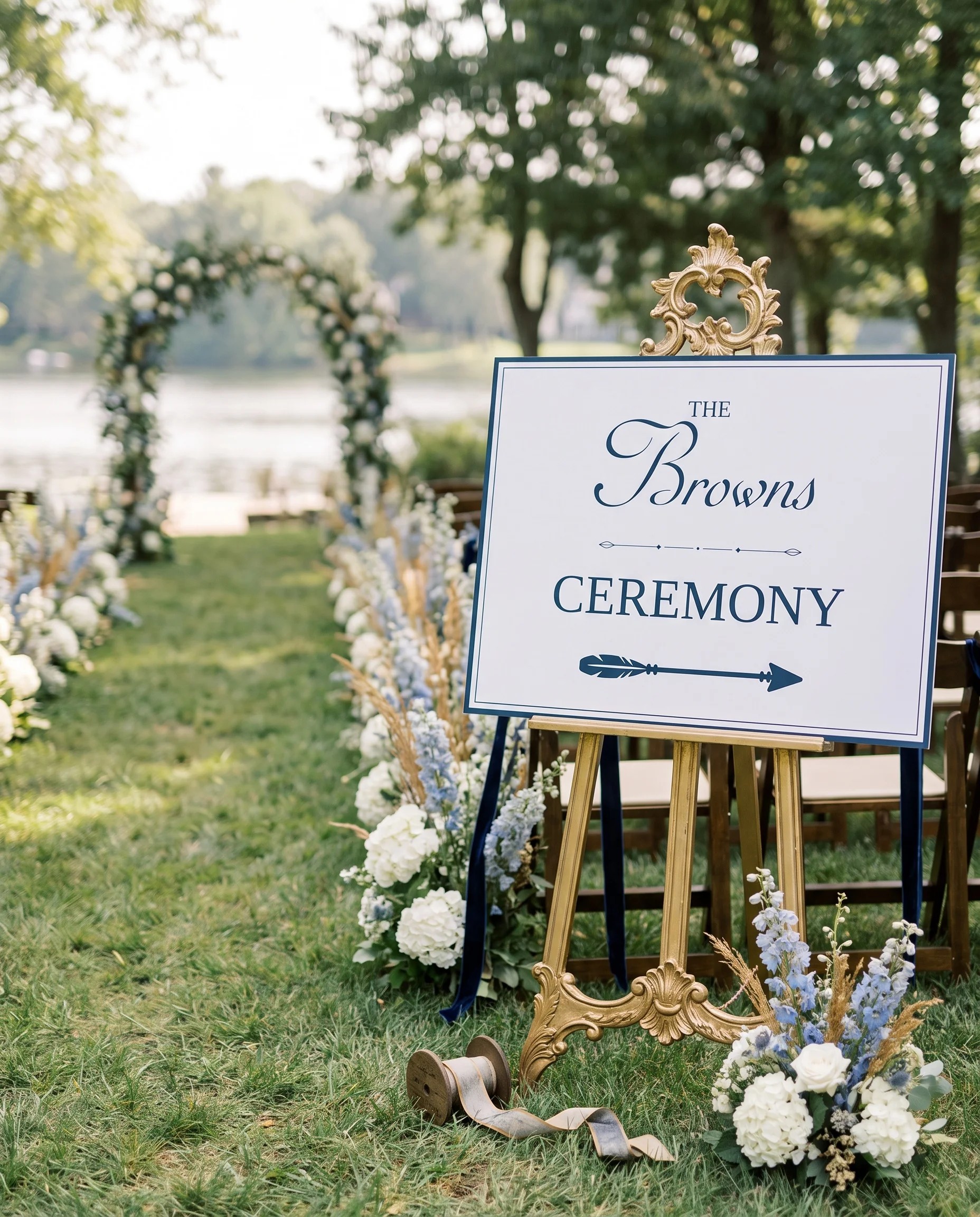 Windsor Crown wedding ceremony sign — displayed at a wedding ceremony setting under soft natural light, unplugged ceremony sign