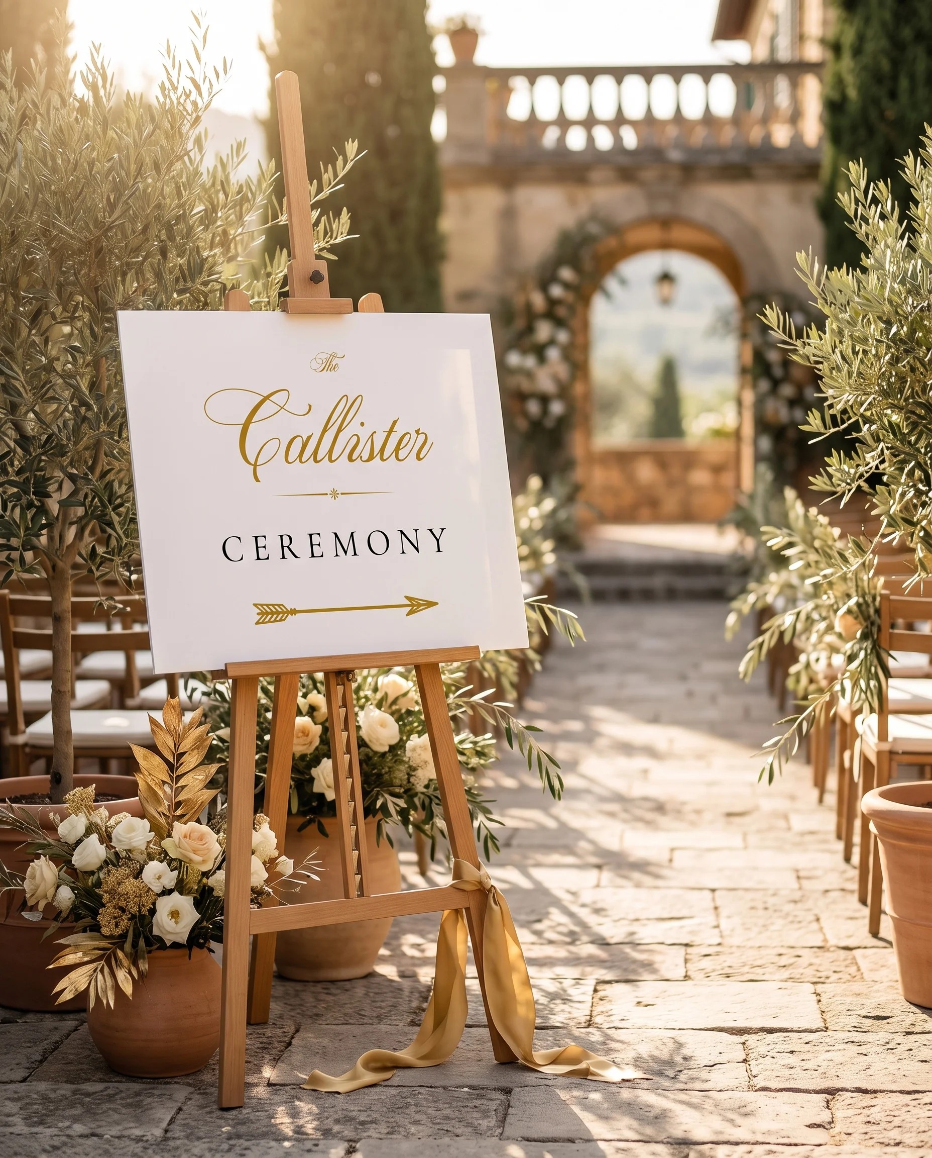 Gilded Arrow wedding ceremony sign — displayed at a wedding ceremony setting under soft natural light, unplugged ceremony sign.