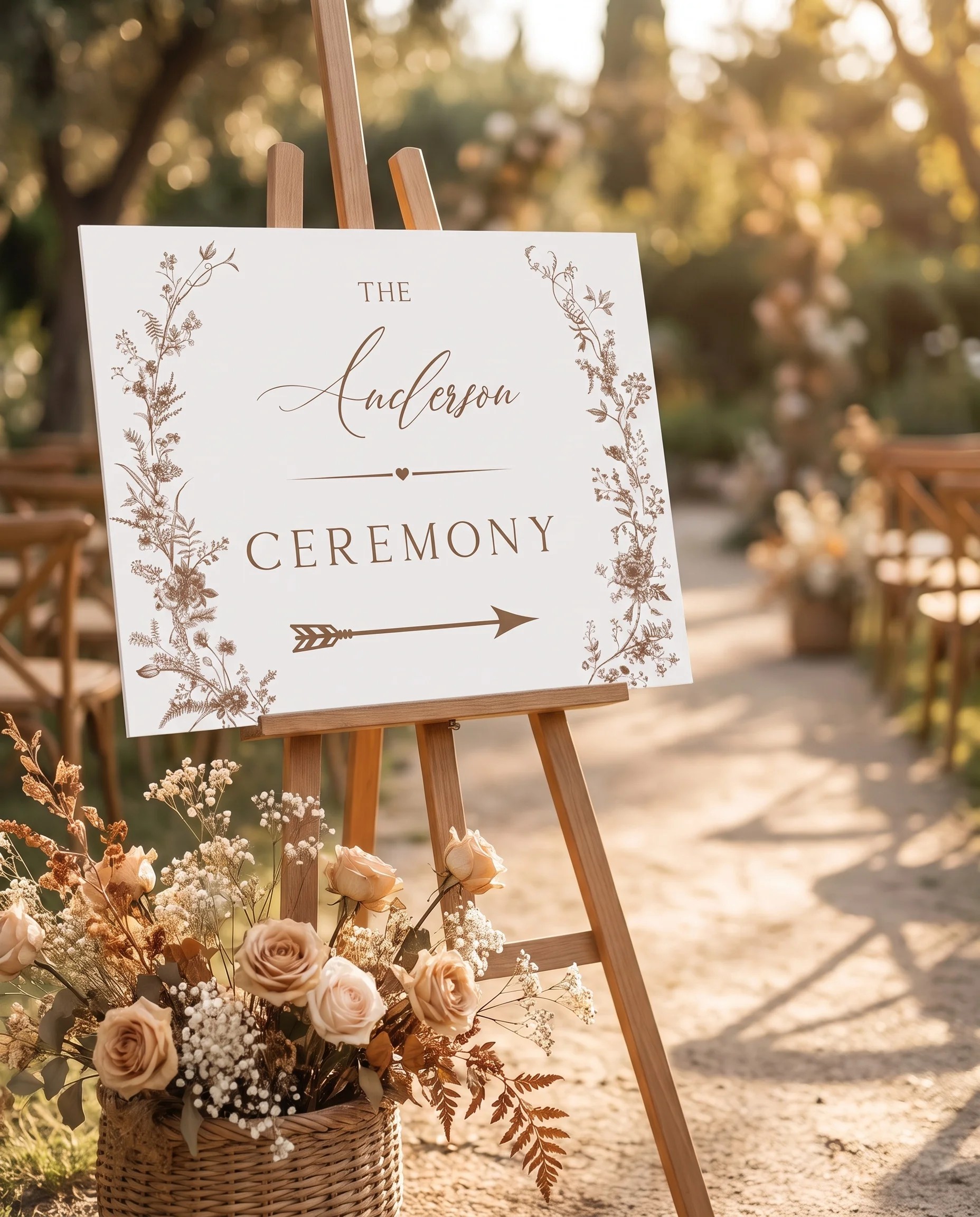Sepia Crest wedding ceremony sign — displayed at a wedding ceremony setting on premium editorial paper under soft natural light, unplugged ceremony sign.