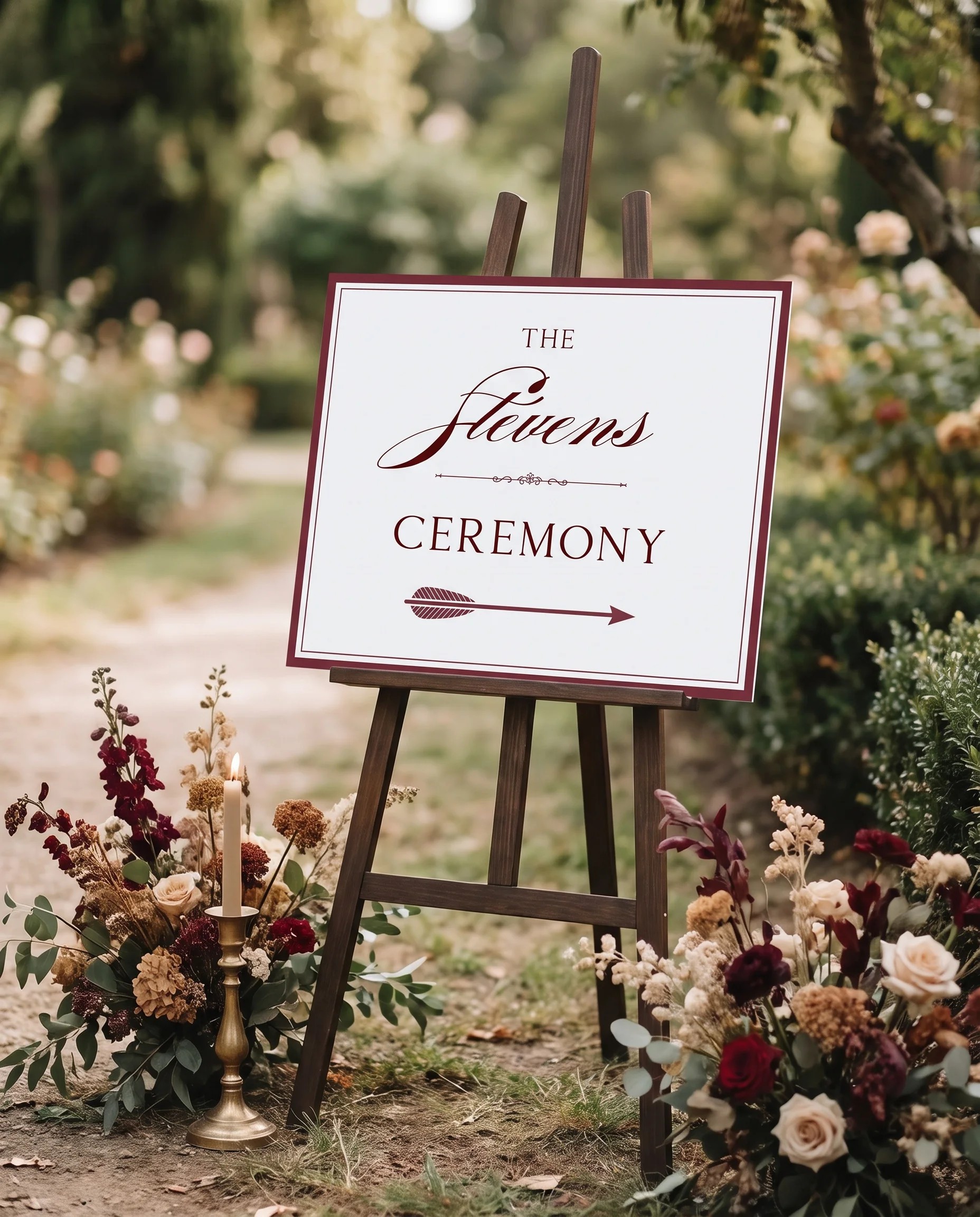 Claret Filigree wedding ceremony sign — displayed at a wedding ceremony setting under soft natural light, unplugged ceremony sign.