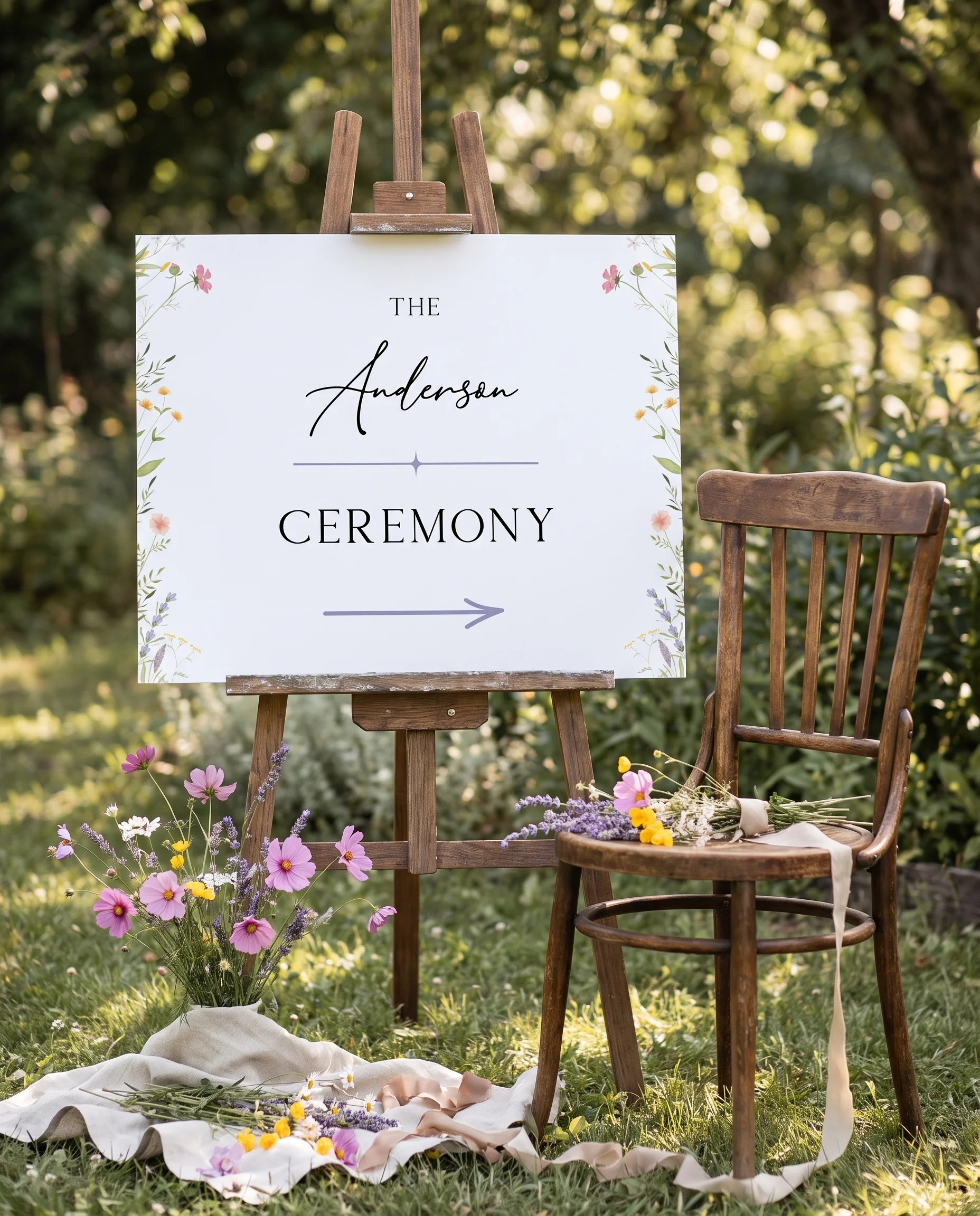 Floret Veil wedding ceremony sign — displayed beside furniture for scale on premium editorial paper under soft natural light, wedding signage.