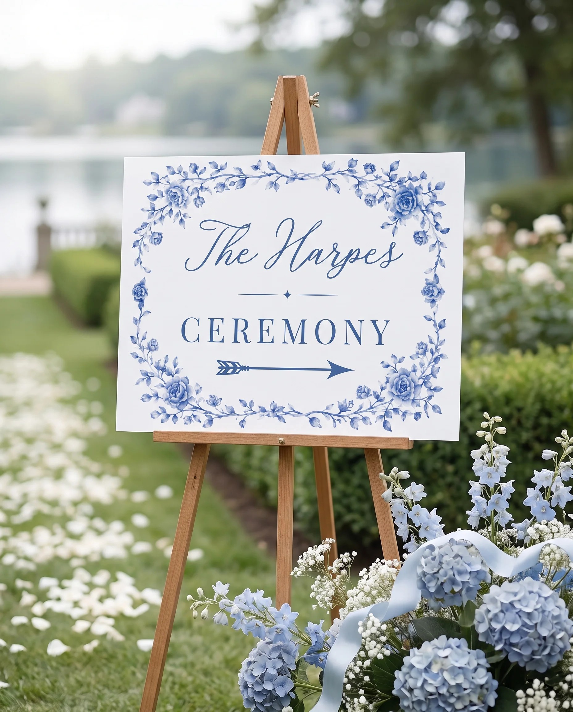 Blue Heron wedding ceremony sign — displayed at a wedding ceremony setting under soft natural light, unplugged ceremony sign.