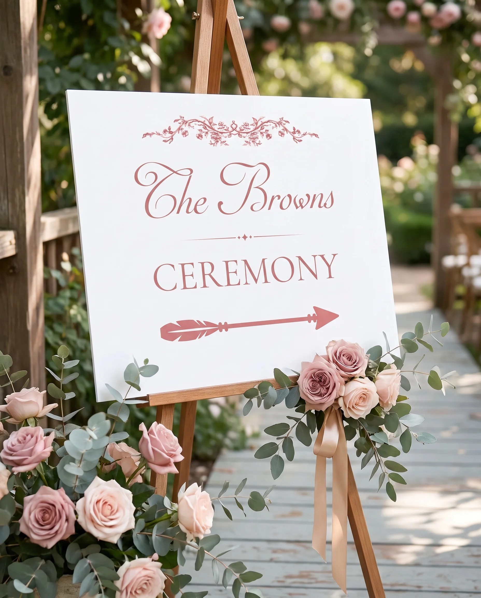 Rosewood Trellis wedding ceremony sign — shown at a wedding ceremony setting under soft natural light, unplugged ceremony sign