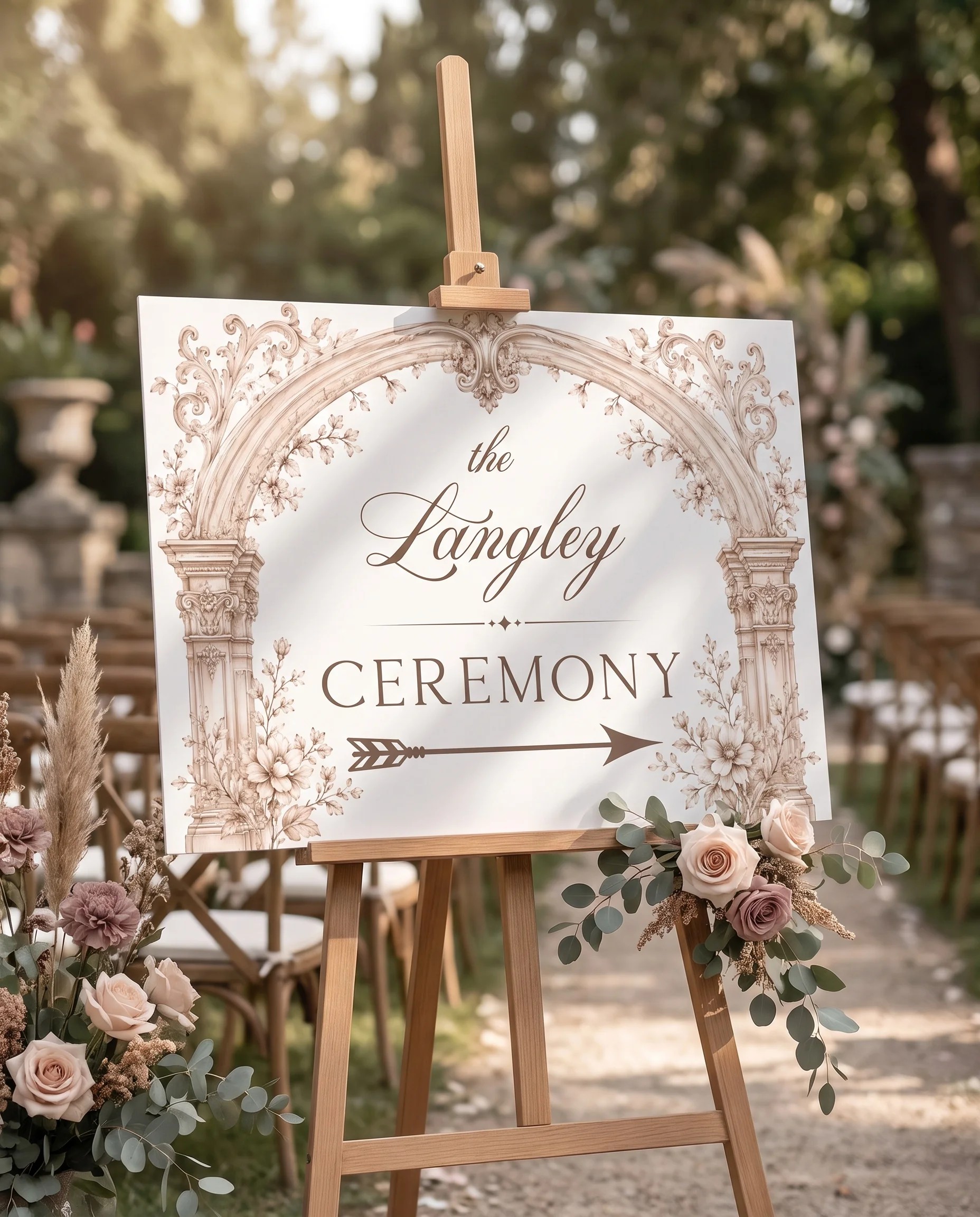 Hinge Script wedding ceremony sign — displayed at a ceremony setting under soft natural light with a slight overhead angle, unplugged ceremony sign.
