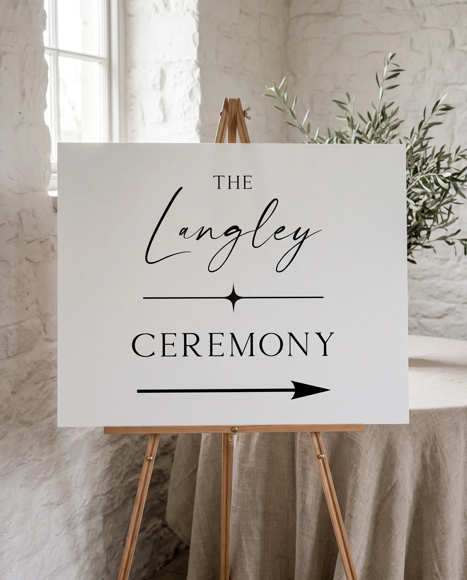 Liminal wedding ceremony sign — displayed on an easel under soft natural light with a slight overhead angle, wedding ceremony signs.