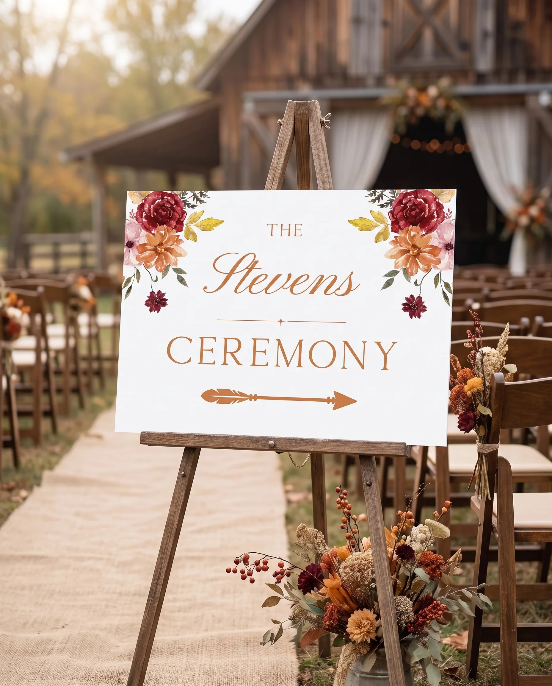 Ember Bloom wedding ceremony sign — shown at a wedding ceremony setting under soft natural light, unplugged ceremony sign.