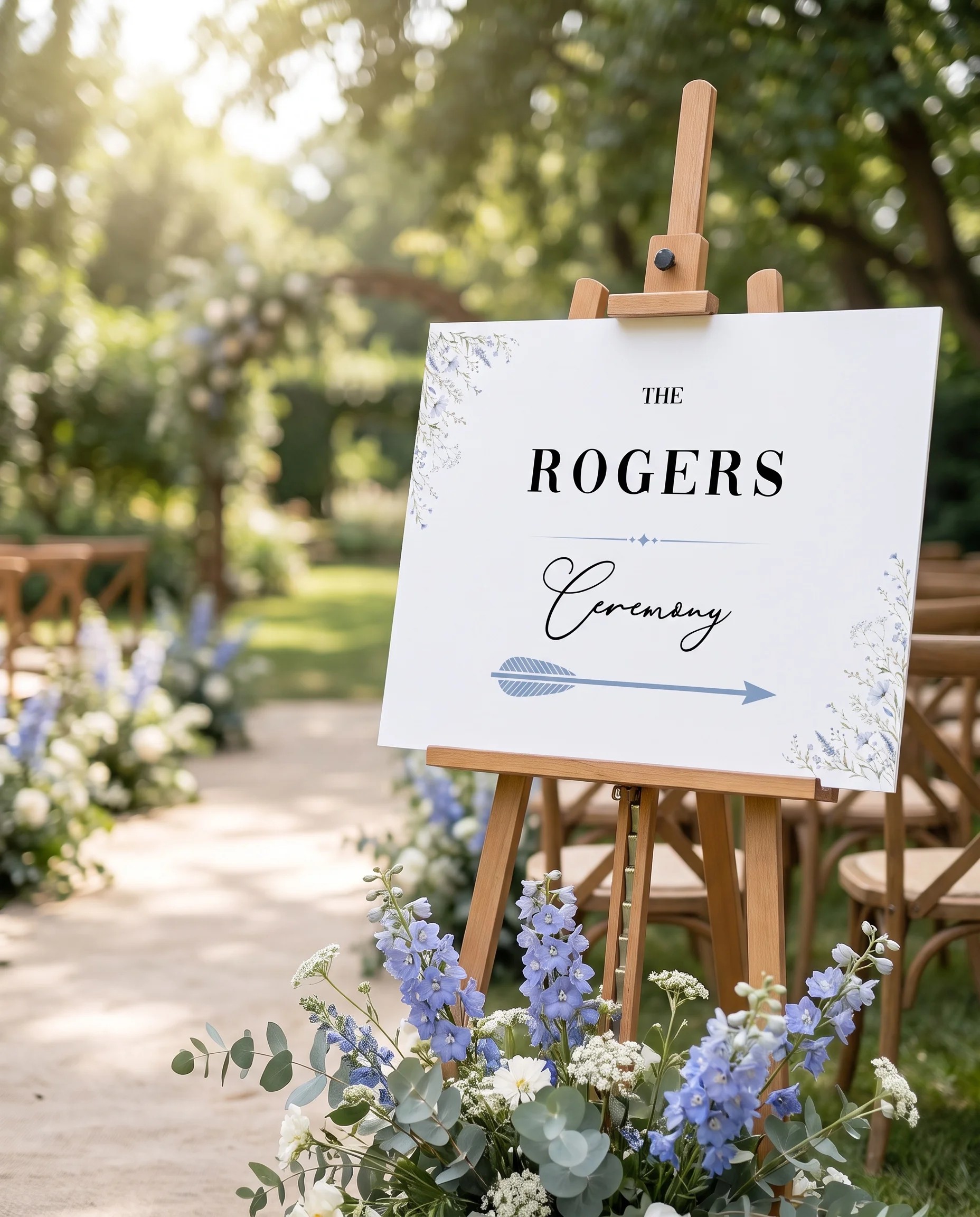 Azure Sprig wedding ceremony sign — shown at a wedding ceremony setting under soft natural light, unplugged ceremony sign.