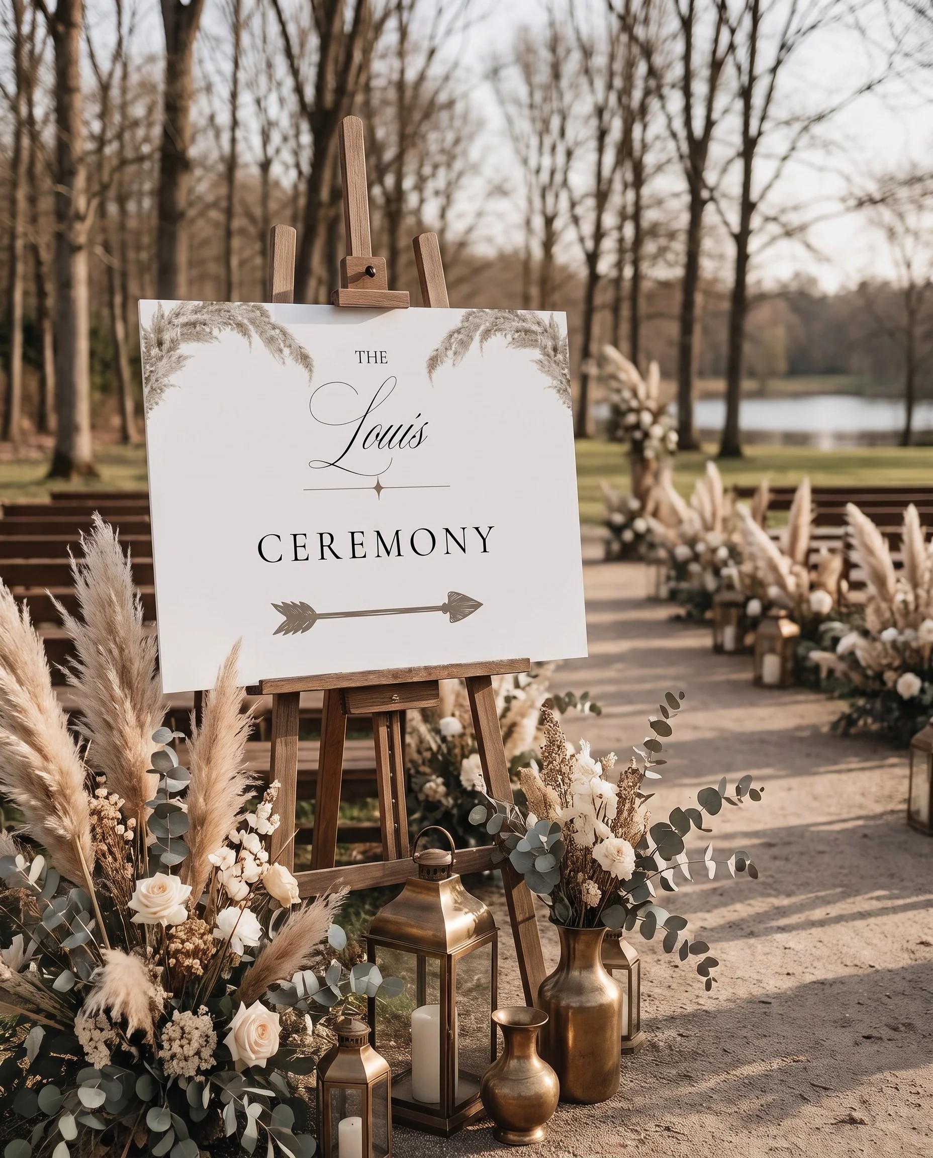 Pampas wedding ceremony sign — displayed at a ceremony setting under soft natural light, slight overhead angle, unplugged ceremony sign